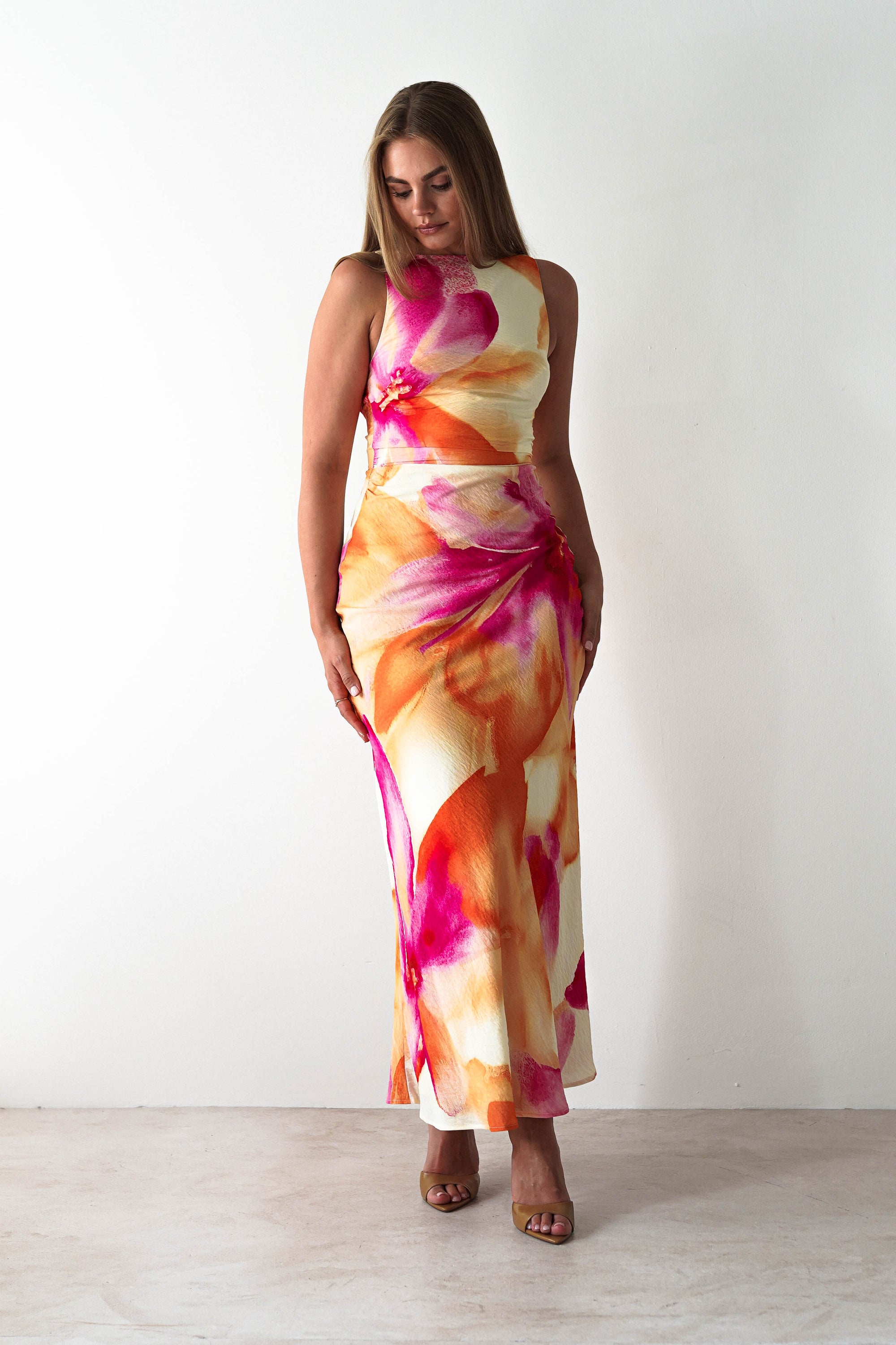 Ellarose Square Neck Maxi Dress | Orange/Pink | Oh Hello Clothing | XS (6)