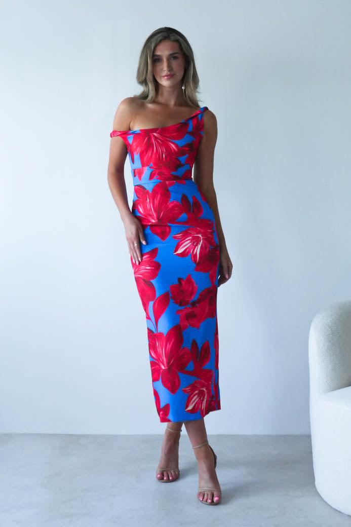 Elliot Floral Print Midi Dress | Blue/Red