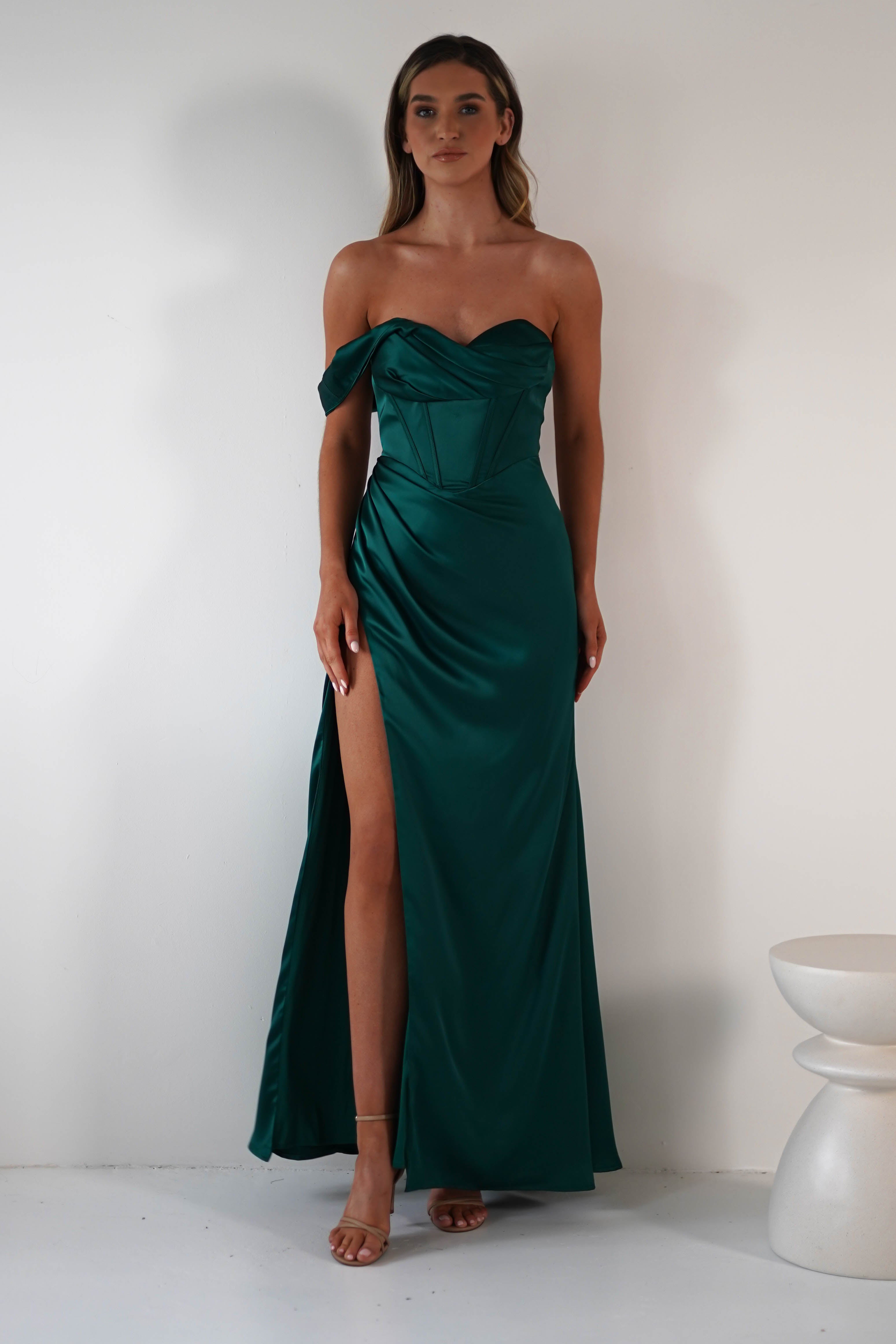 Nicolette Soft Satin Maxi Gown | Emerald Green