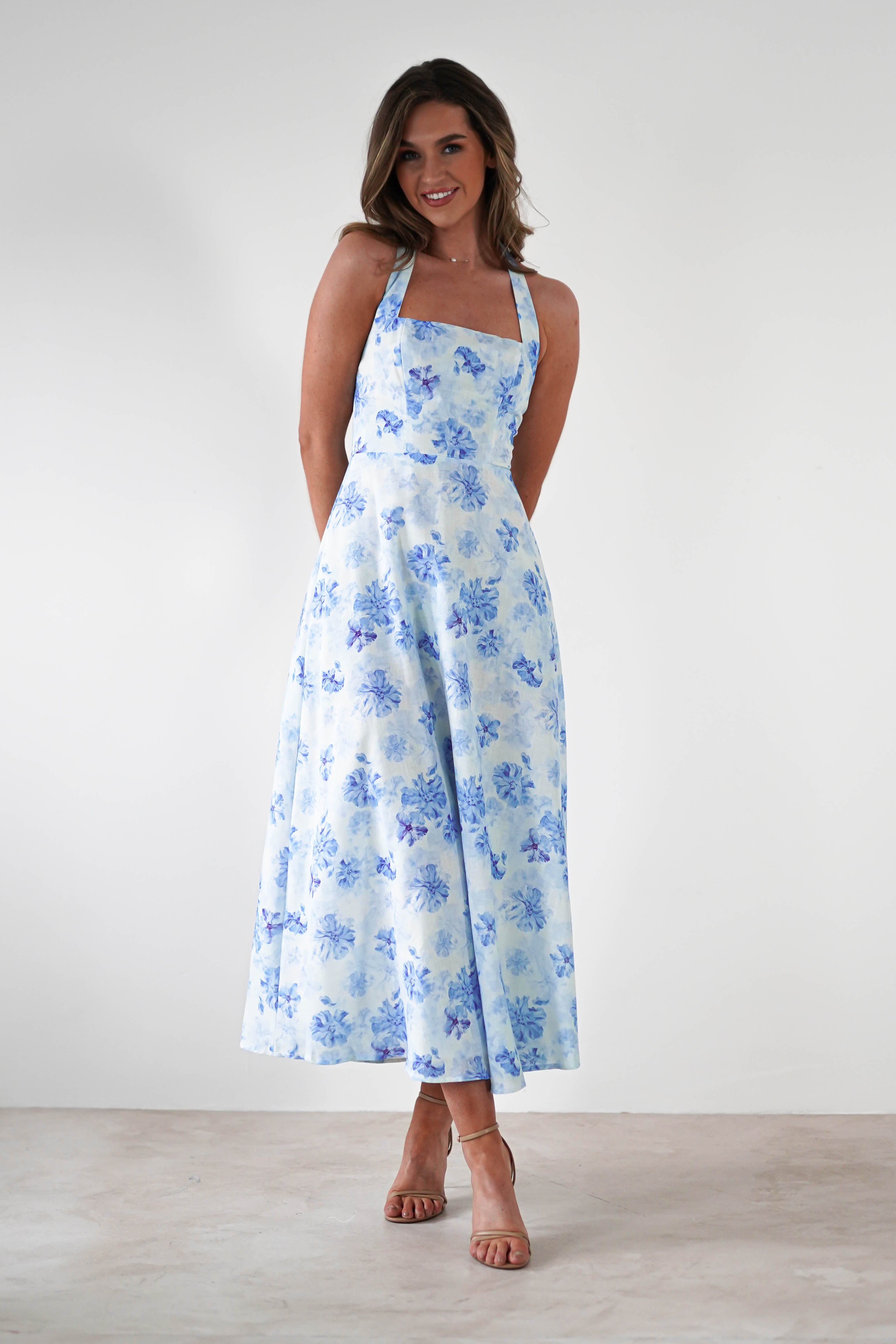Suzette Floral Skater Maxi Dress | Blue/White - Oh Hello Clothing