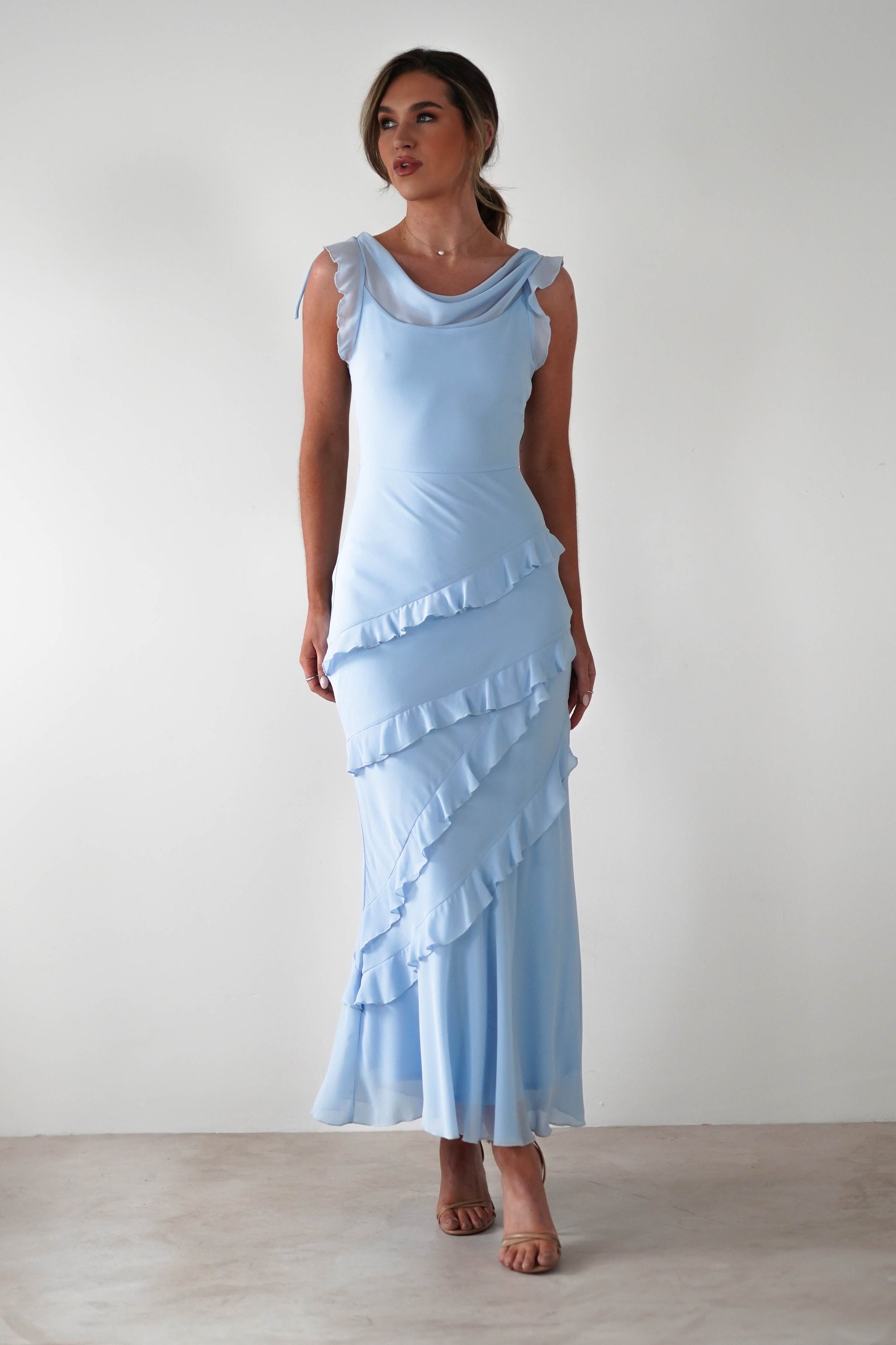 Lauretta Ruffle Chiffon Maxi Dress | Blue | Oh Hello Clothing | XS (6)
