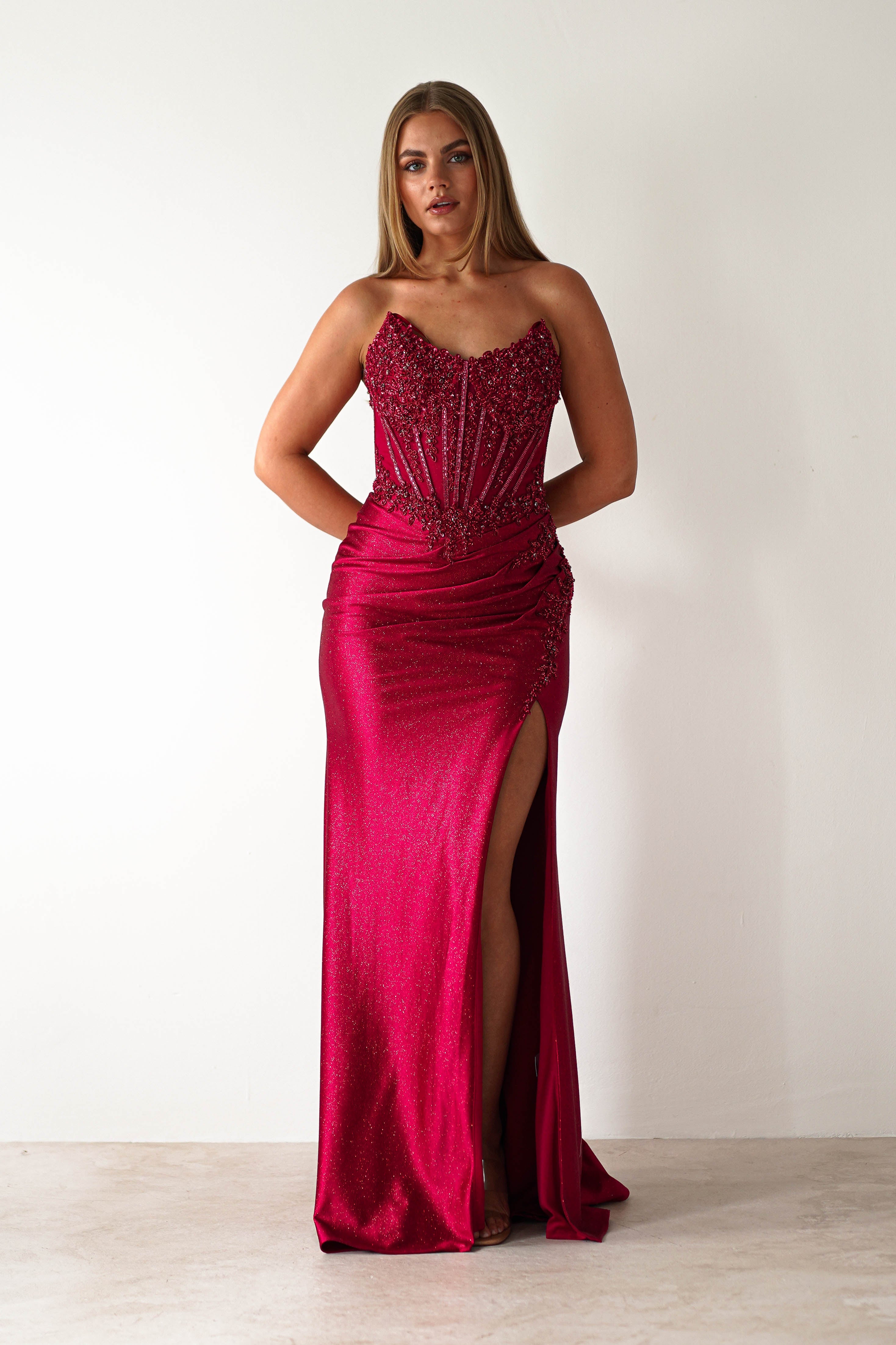 cinderella Debs & Prom Dresses 1 *DONE Caspian Embellished Bodycon Gown | Deep Red