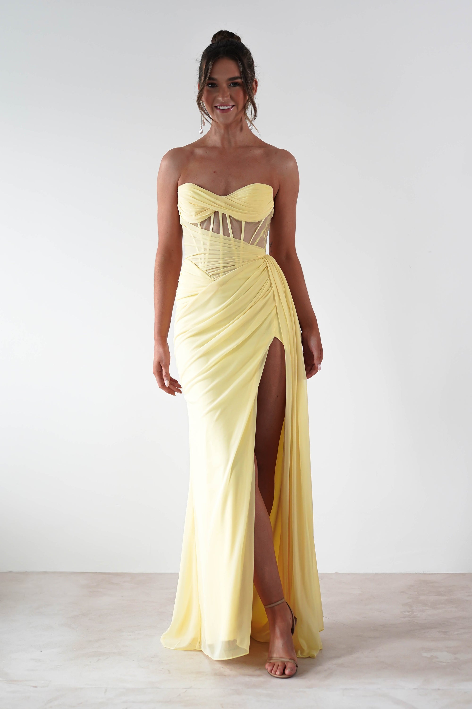 Robyn Draped Fitted Stapless Gown | Yellow | Oh Hello Clothing | XS (6)