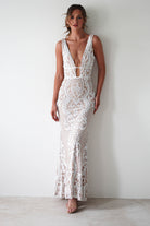 Lorenza Plunge Sequin Gown | Nude/White - Oh Hello Clothing