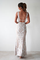 Lorenza Plunge Sequin Gown | Nude/White - Oh Hello Clothing