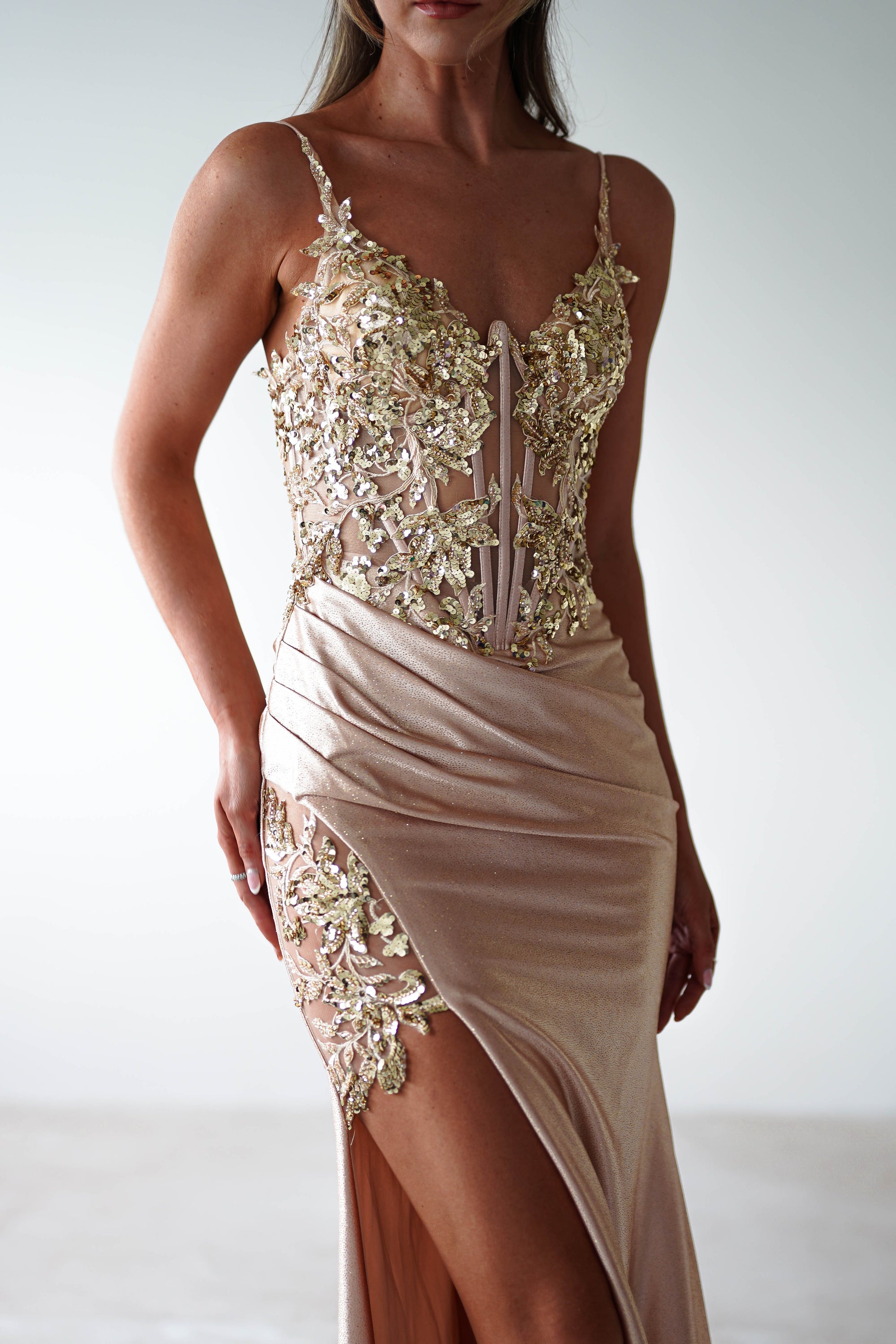 Regina Embellished Bodice Gown | Champagne/Gold - Oh Hello Clothing