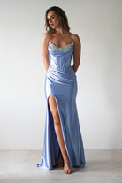 Pranvera Embellished Micro Crystal Gown | Dusty Blue - Oh Hello Clothing