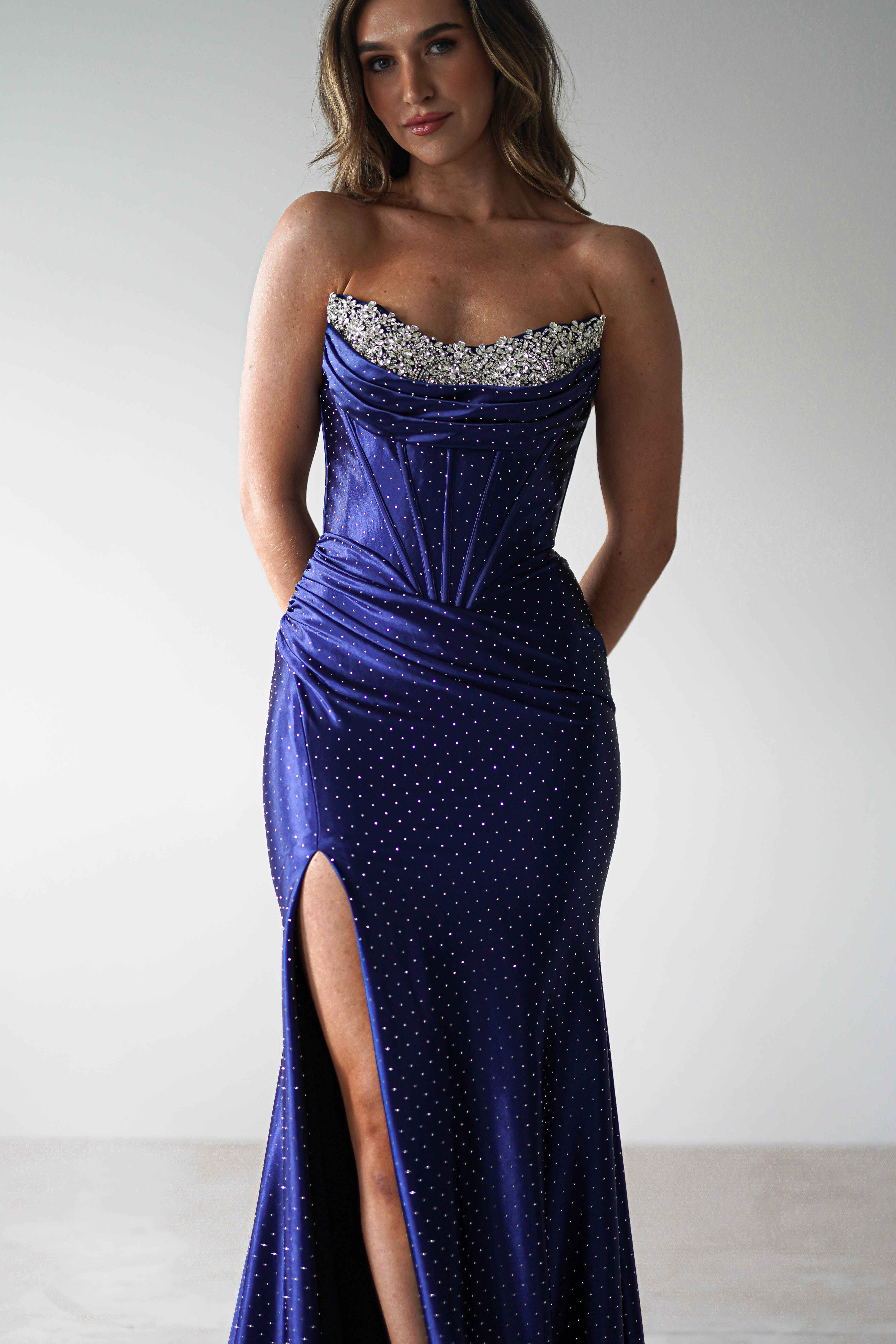 Pranvera Embellished Micro Crystal Gown | Dusty Navy