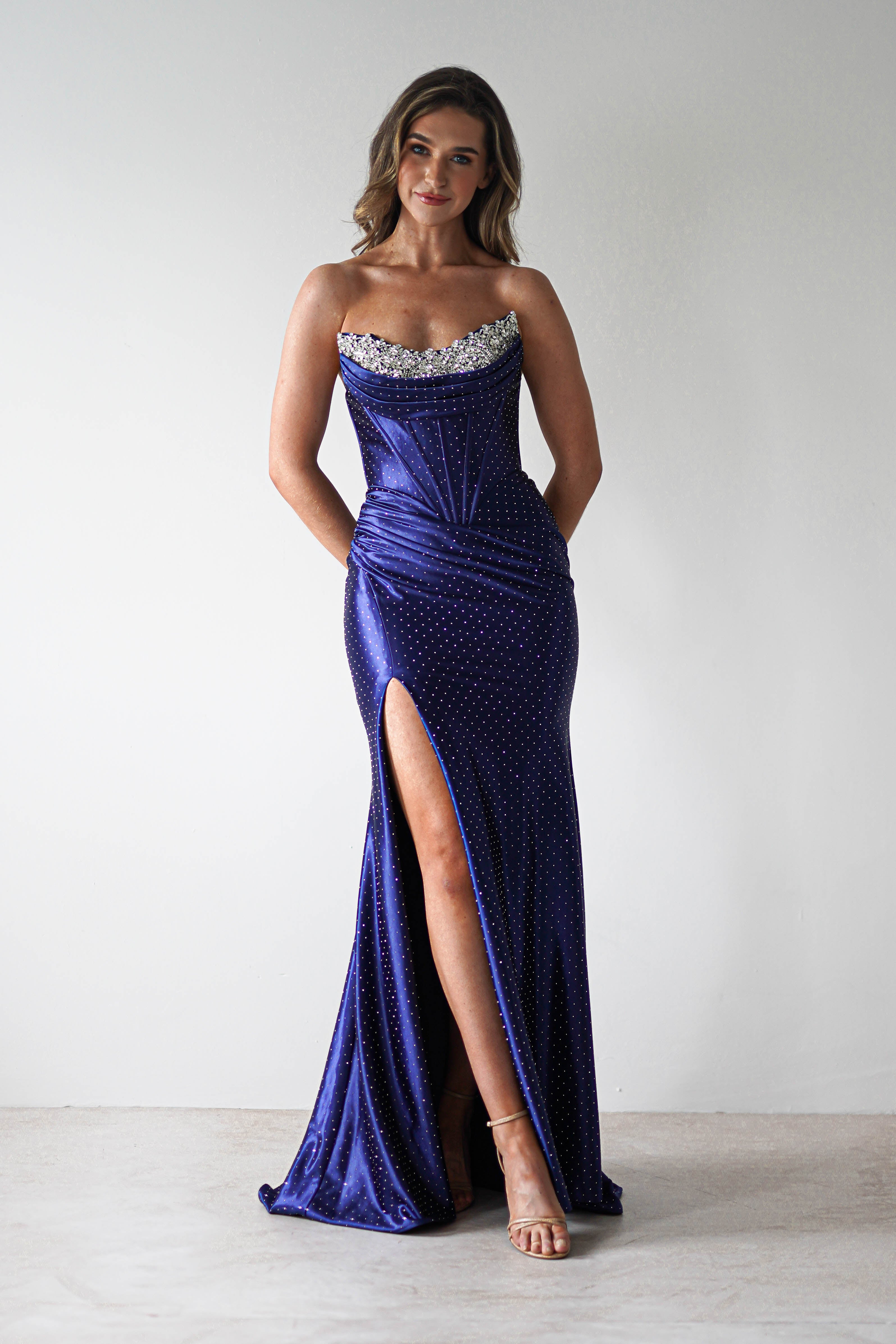 Pranvera Embellished Micro Crystal Gown | Dusty Navy