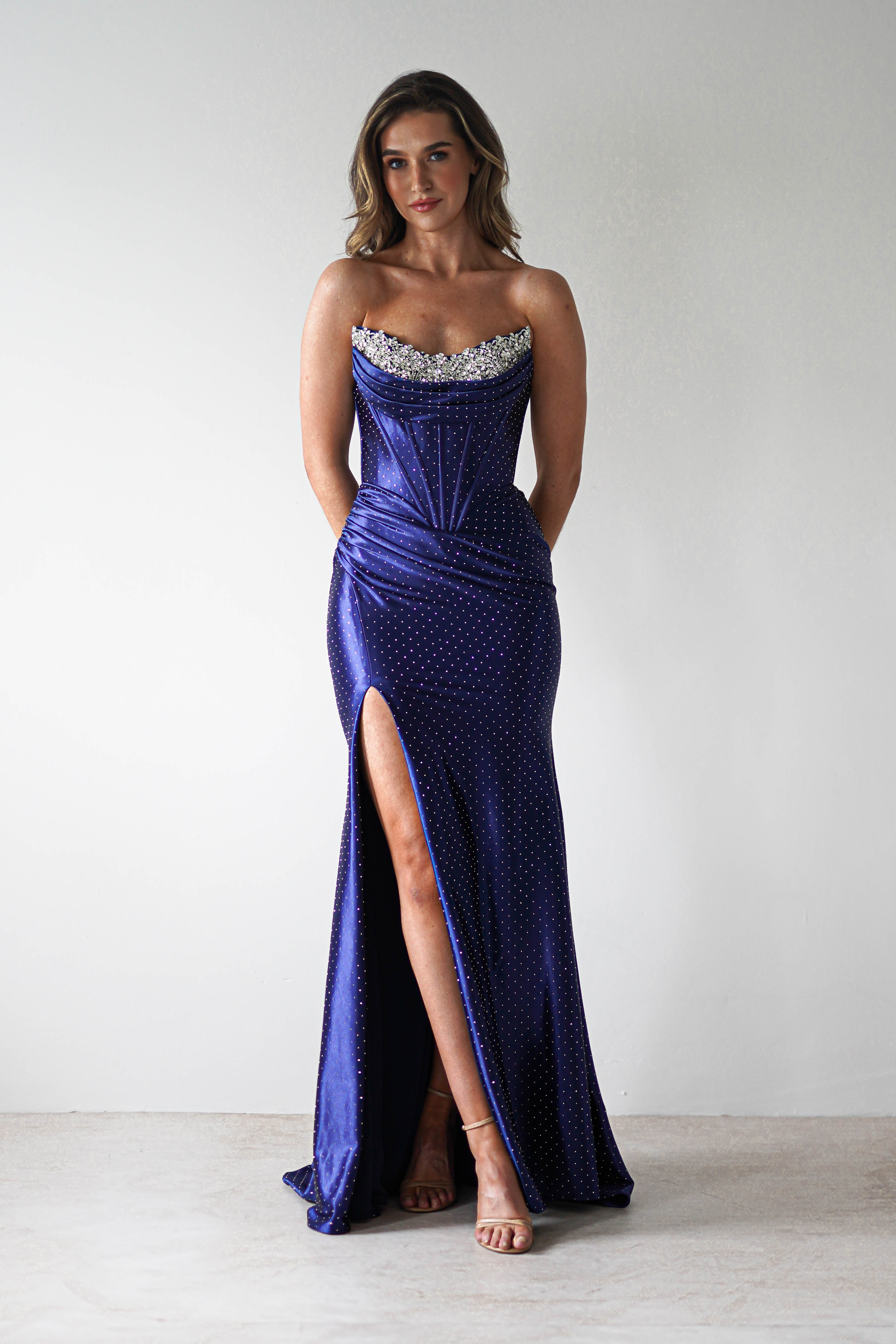 Pranvera Embellished Micro Crystal Gown | Dusty Navy