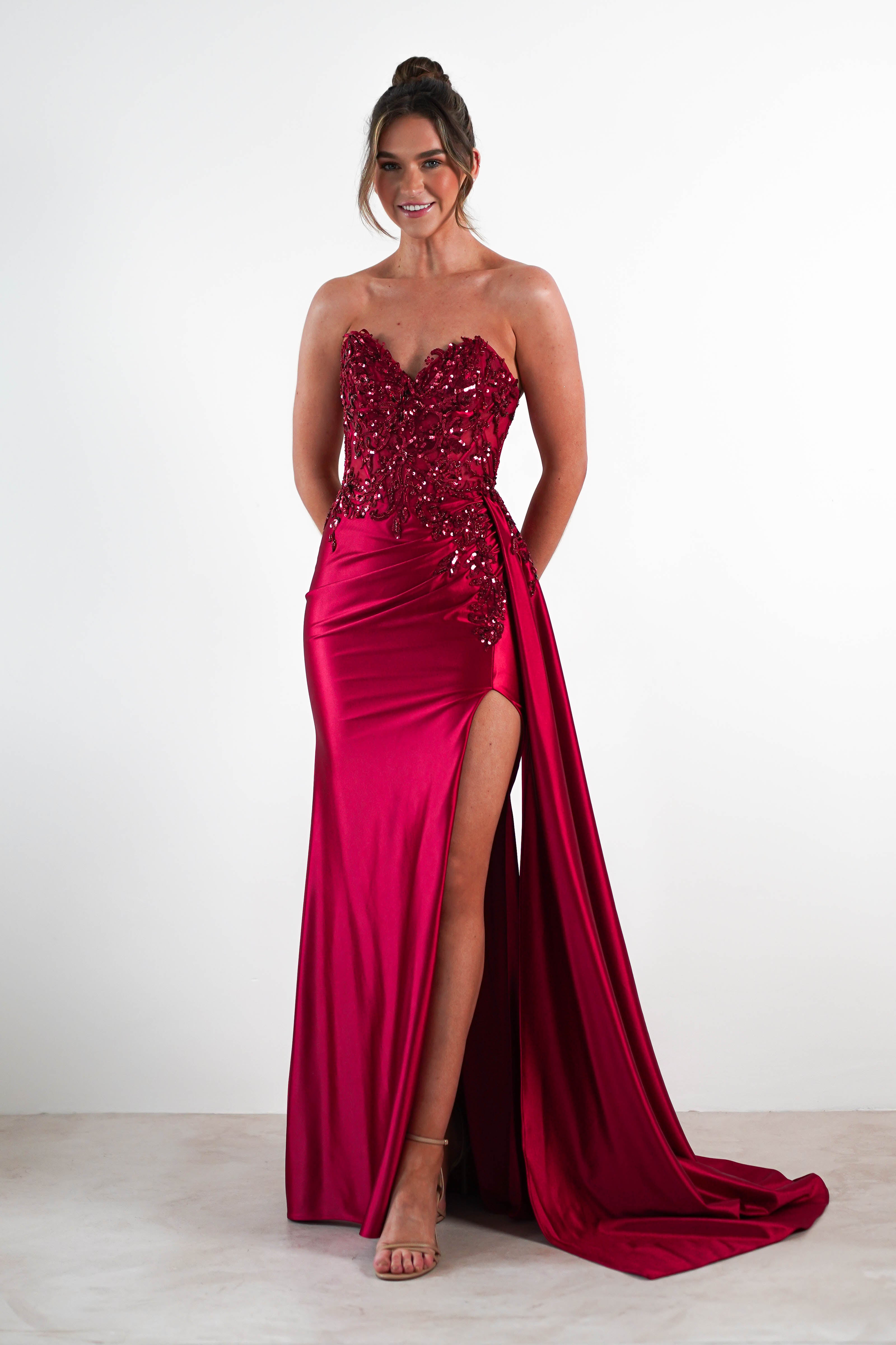 Saraya Bodycon Embellished Gown | Dark Red