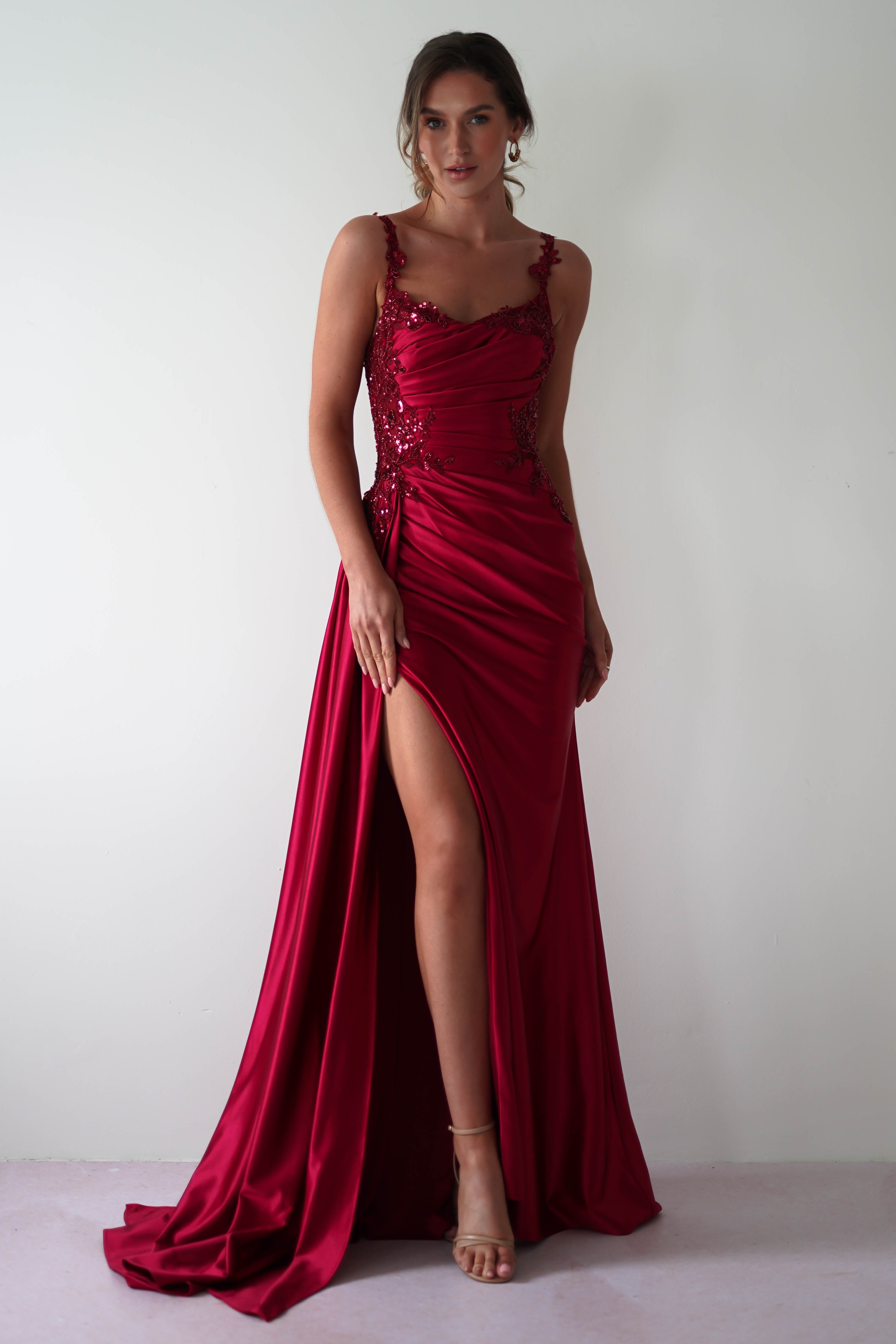 Cindy Pleated Bodice Gown | Burgundy