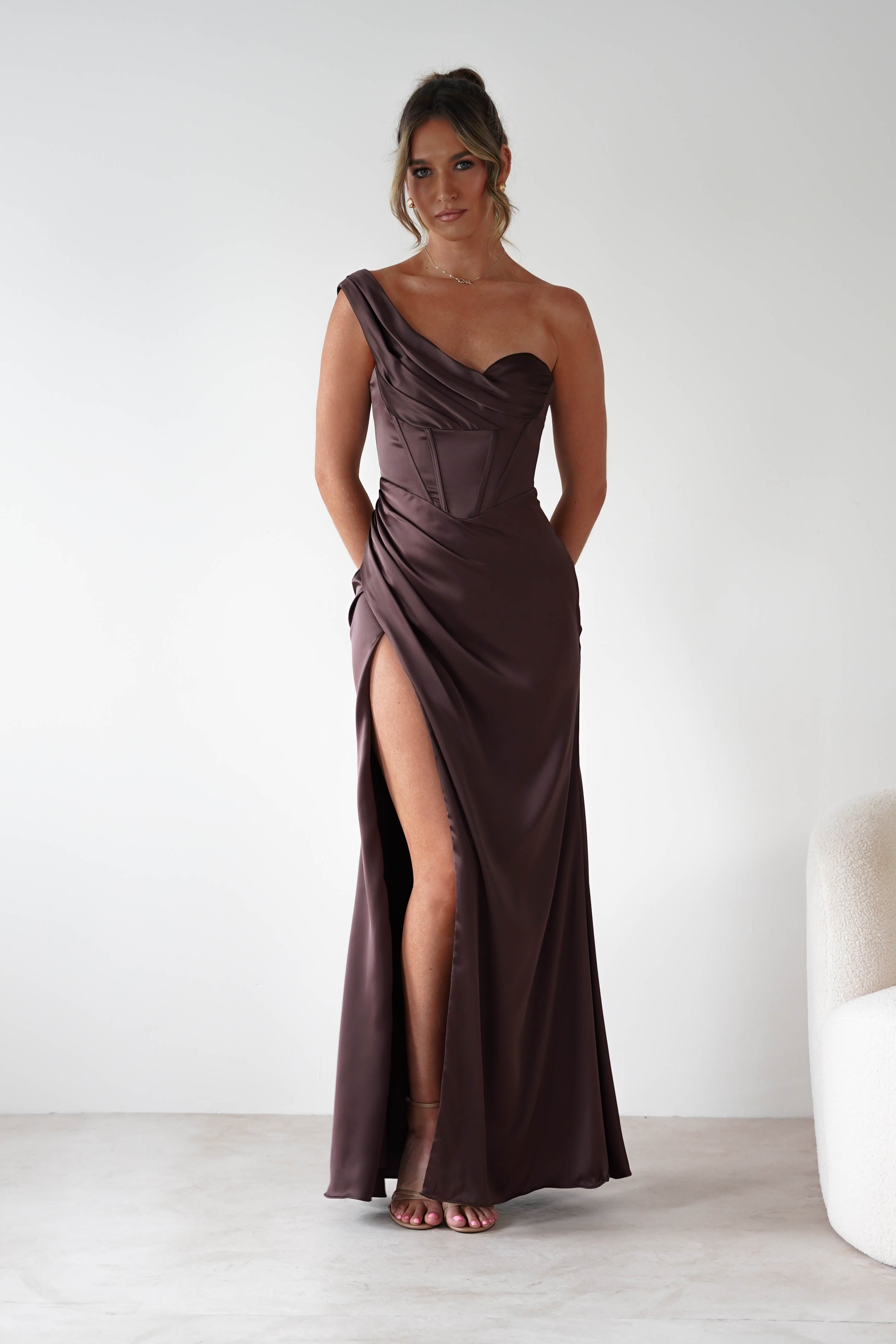 Cinderella Dresses 1*DONE -CINDERALLA-7488-BROWN ONE SHOULDER GOWN
