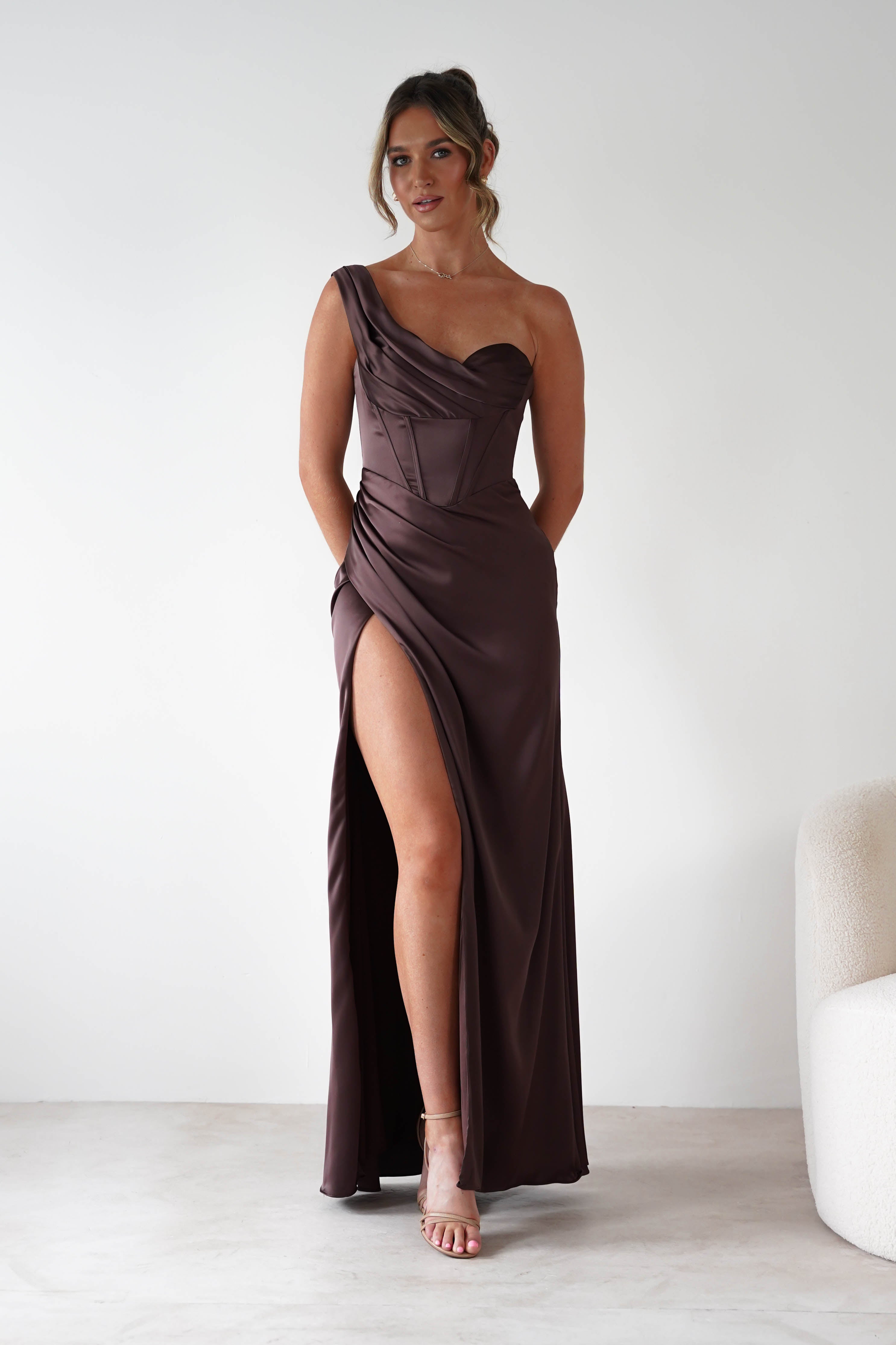 Cinderella Dresses 1*DONE -CINDERALLA-7488-BROWN ONE SHOULDER GOWN