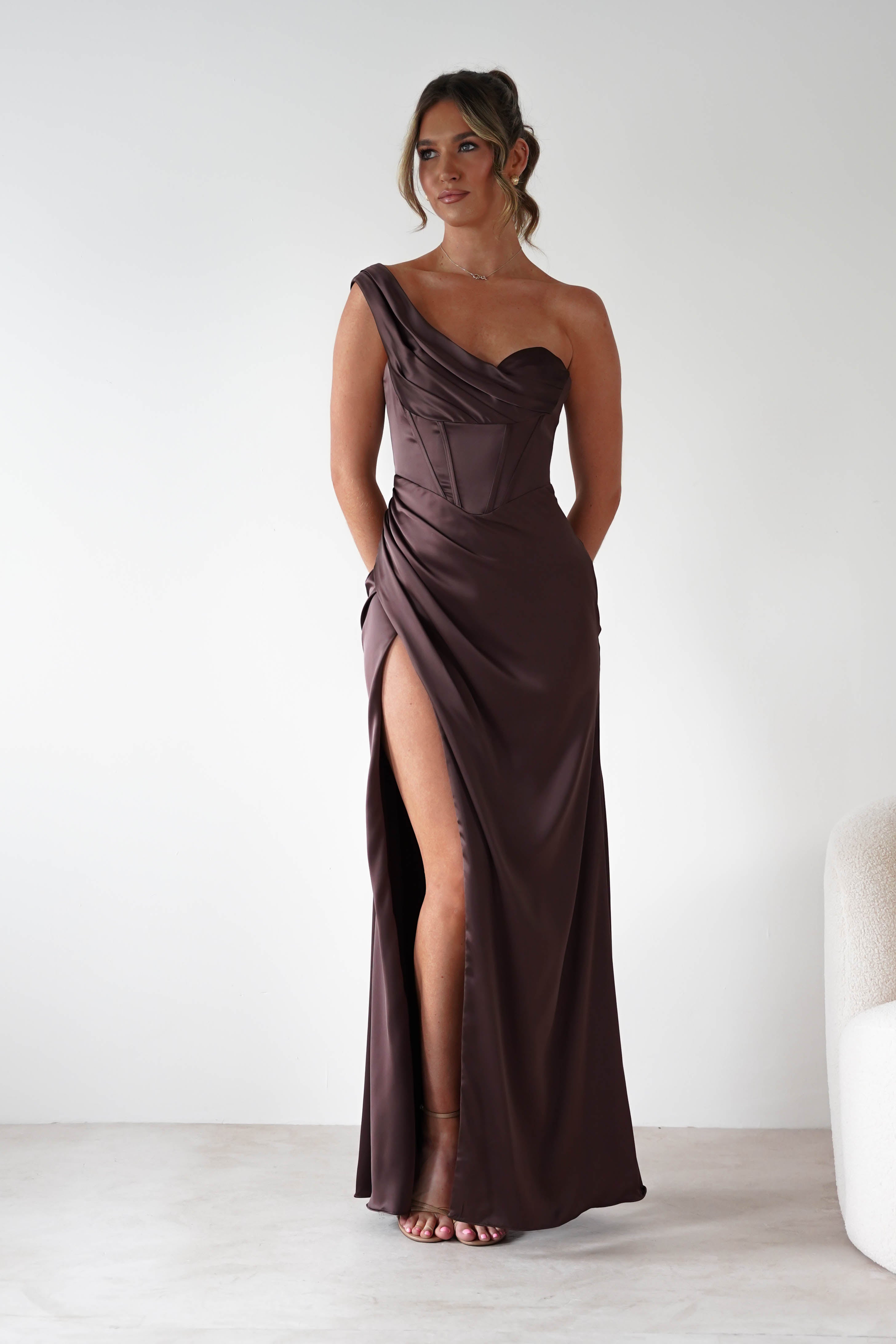 Cinderella Dresses 1*DONE -CINDERALLA-7488-BROWN ONE SHOULDER GOWN