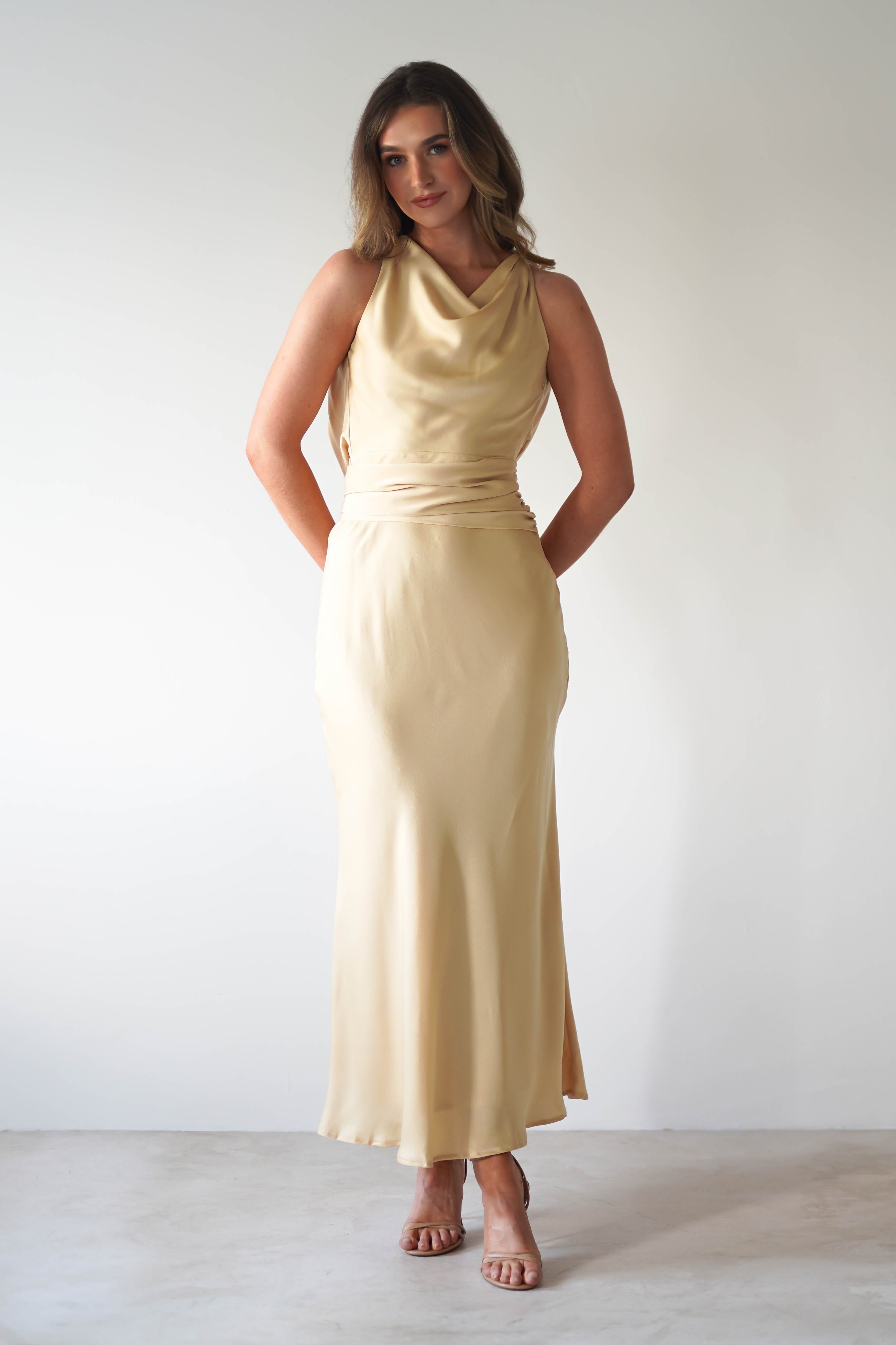 Women wearing a Sand colour Maxi dress
