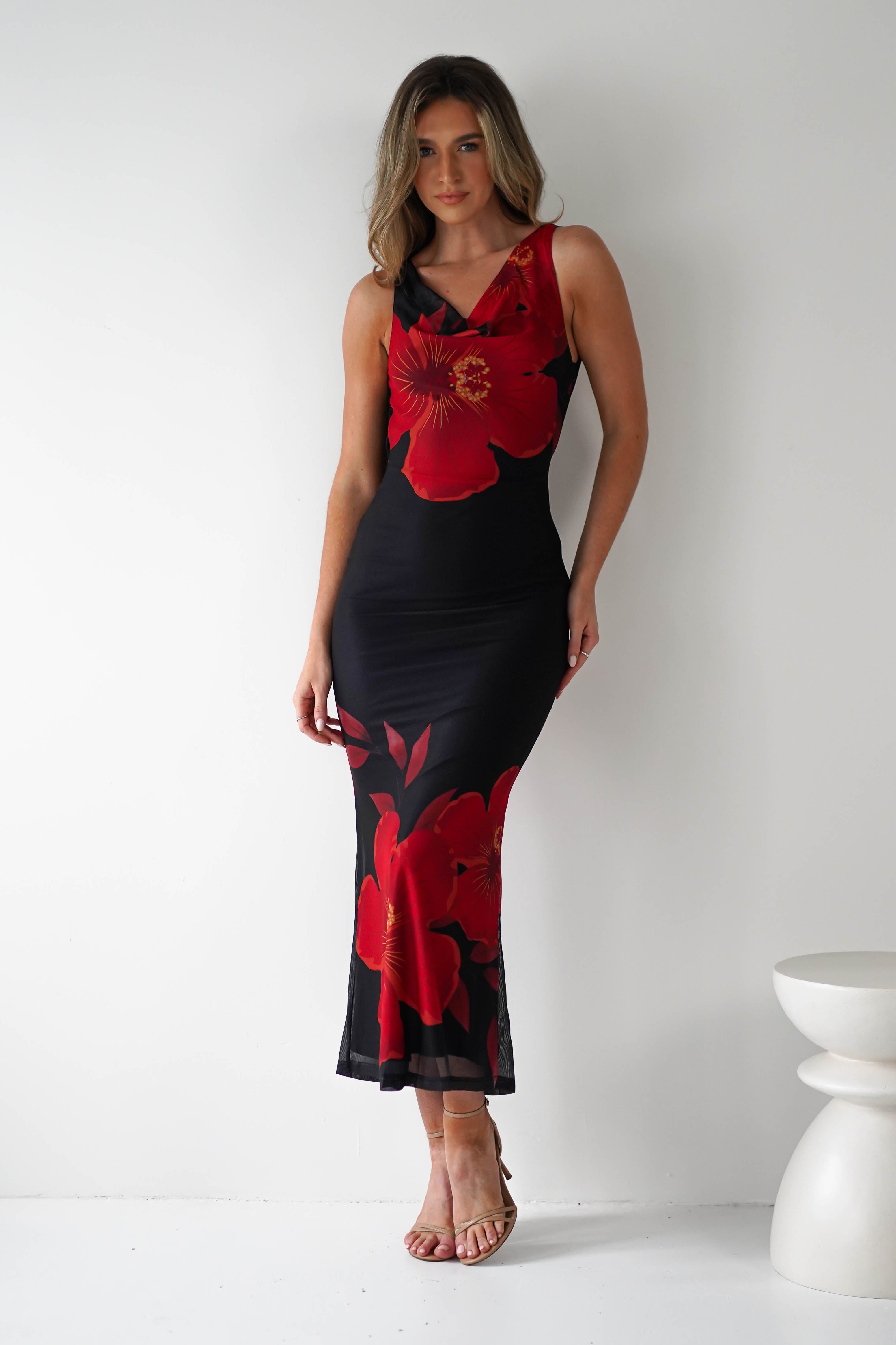 Meadow Mesh Maxi Dress | Black/Red | Oh Hello Clothing | XS (6)