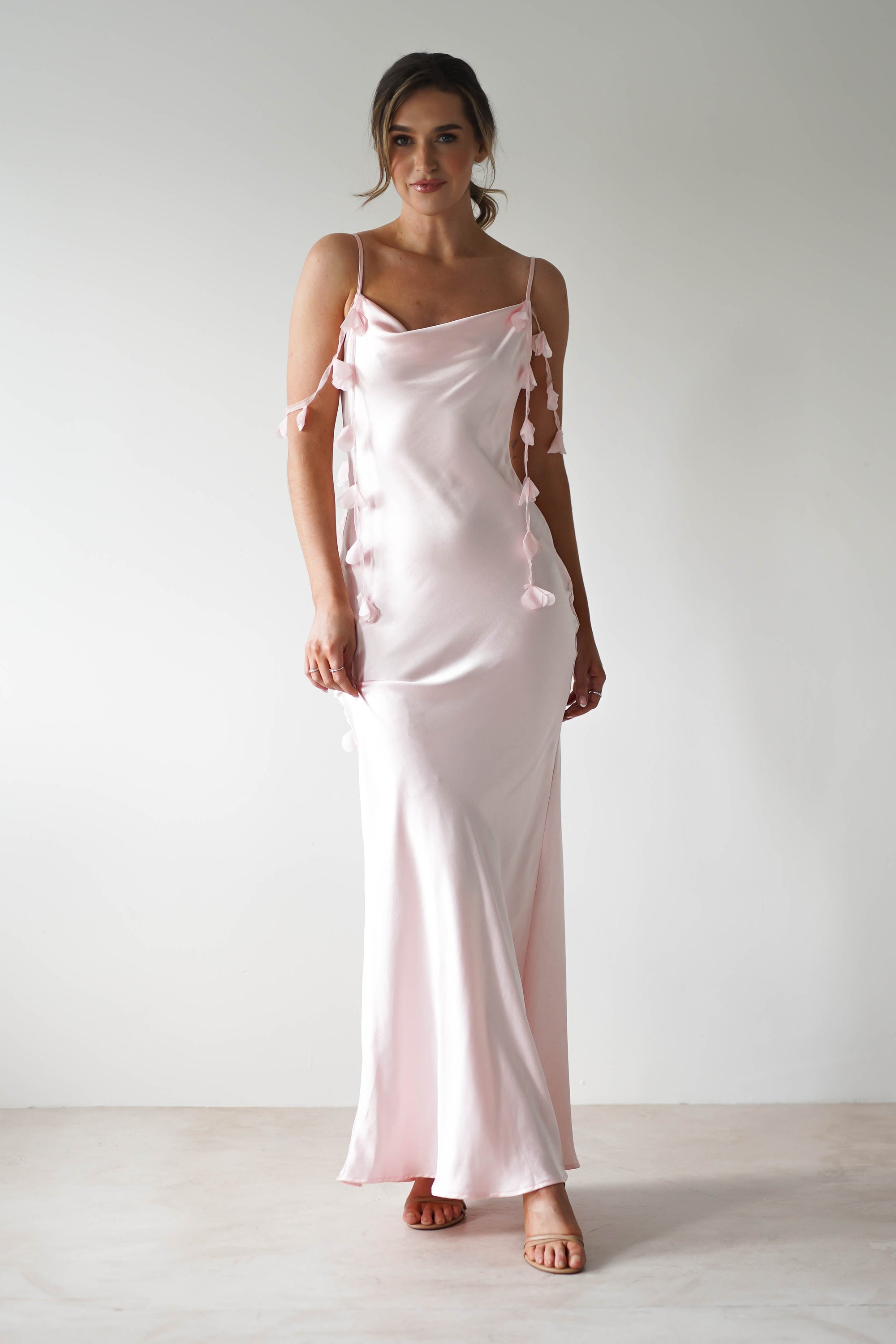 Daisy Cowl Neckline Satin Maxi Dress | Light Pink - Oh Hello Clothing