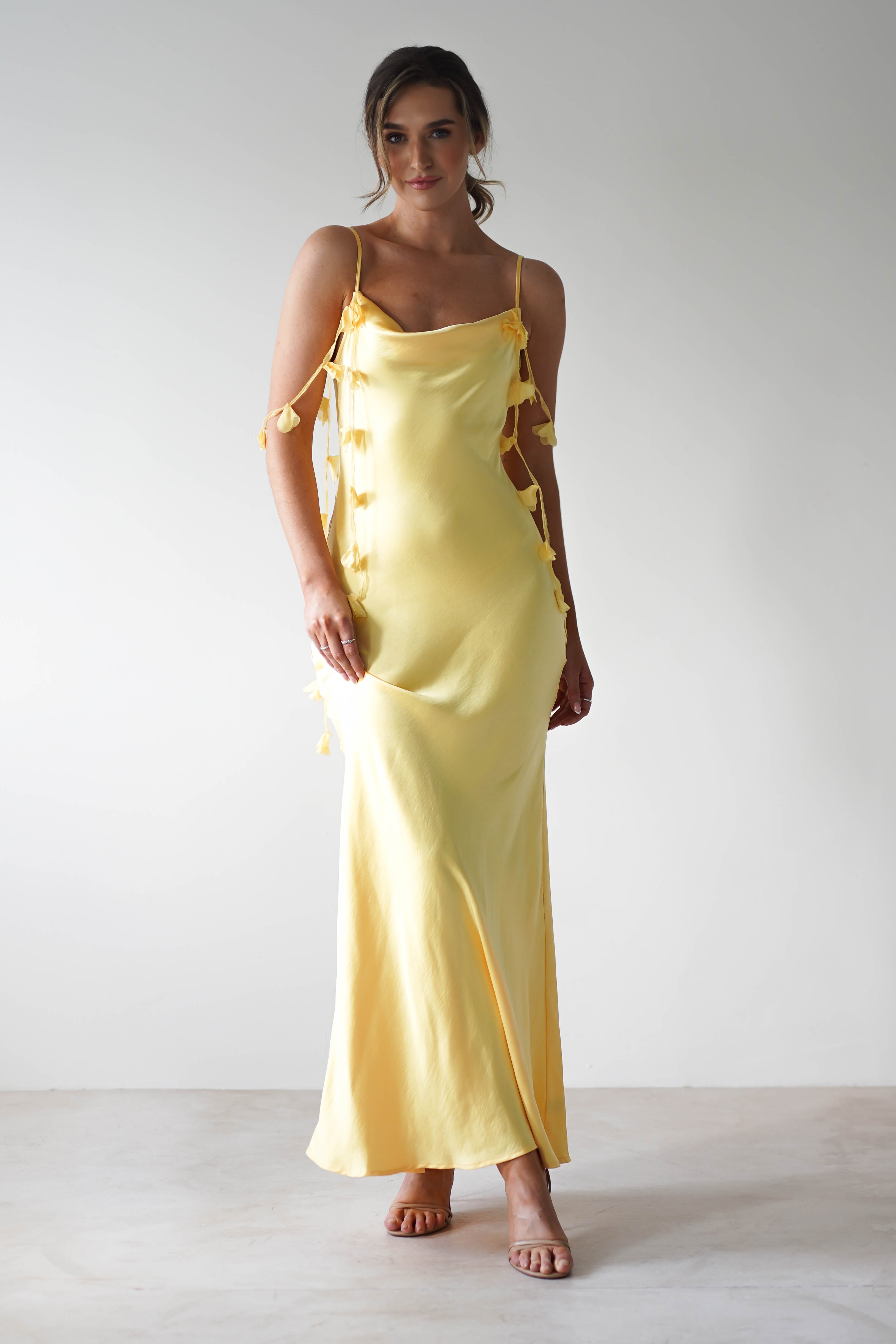 Daisy Cowl Neckline Satin Maxi Dress Yellow