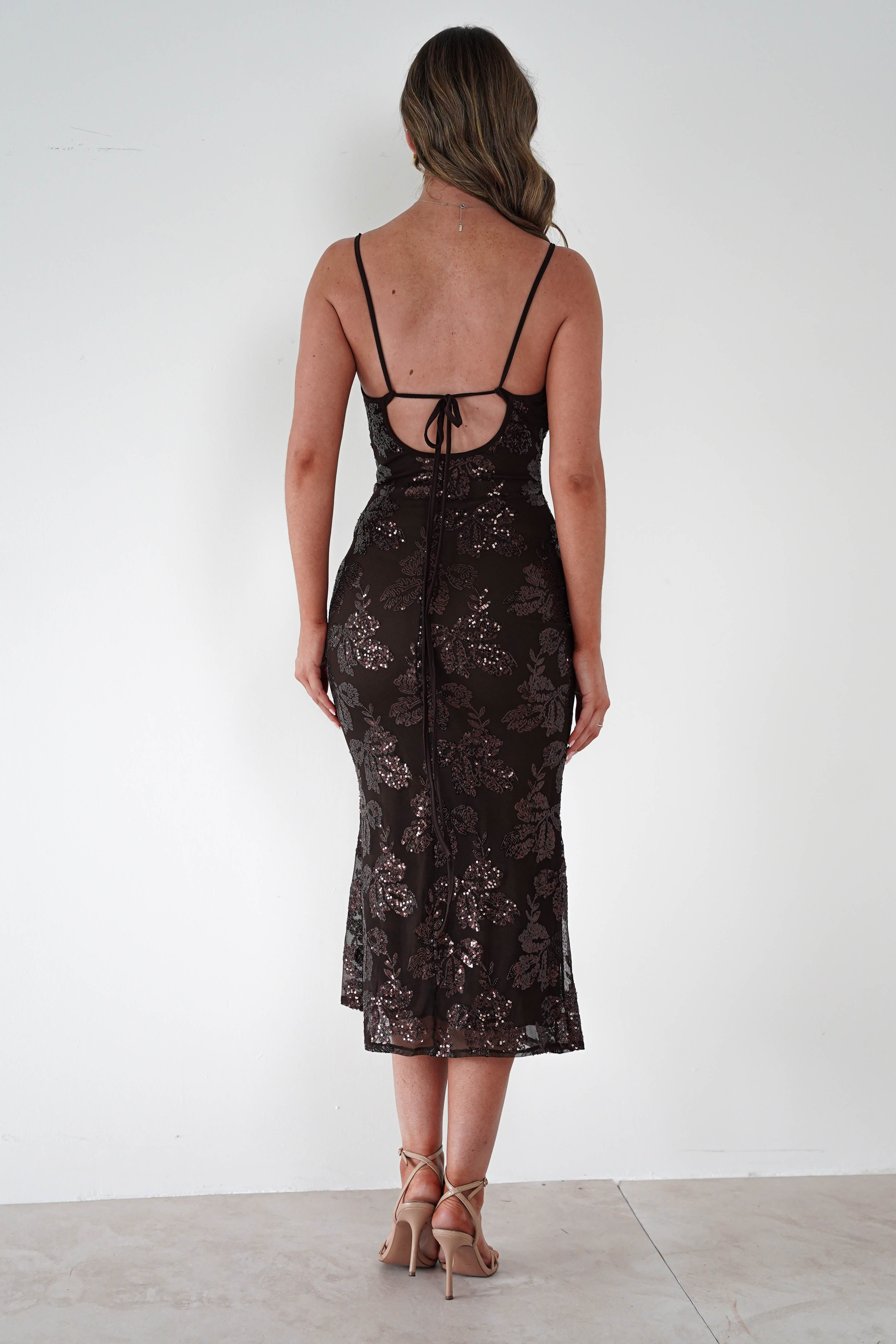 ERICKH Dresses 1*DONE -ERICKH-27104 SEQUIN FLORAL BROWN DRESS
