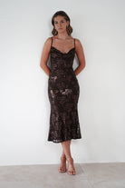 ERICKH Dresses 1*DONE -ERICKH-27104 SEQUIN FLORAL BROWN DRESS