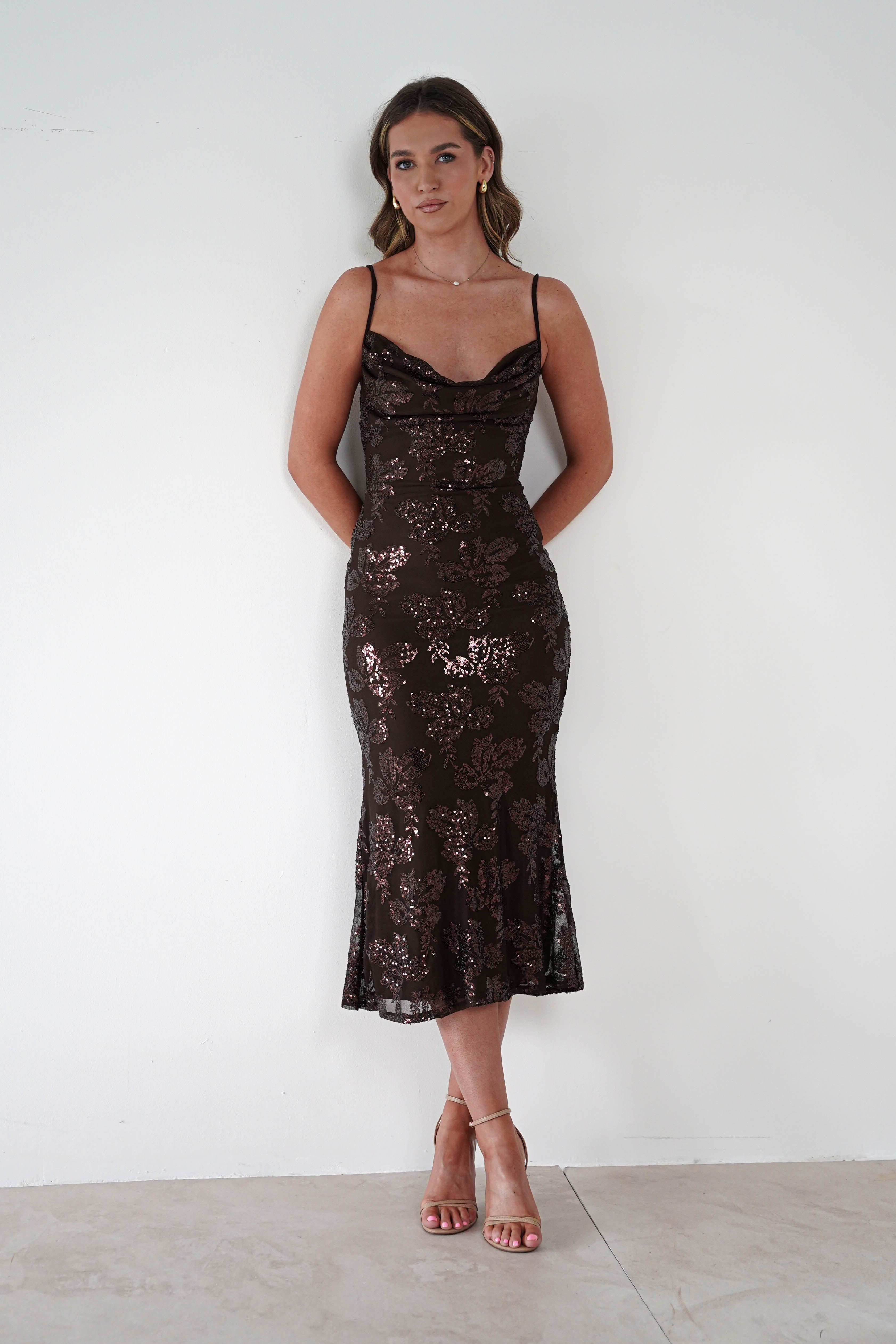 ERICKH Dresses 1*DONE -ERICKH-27104 SEQUIN FLORAL BROWN DRESS