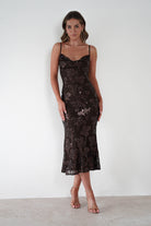 ERICKH Dresses 1*DONE -ERICKH-27104 SEQUIN FLORAL BROWN DRESS