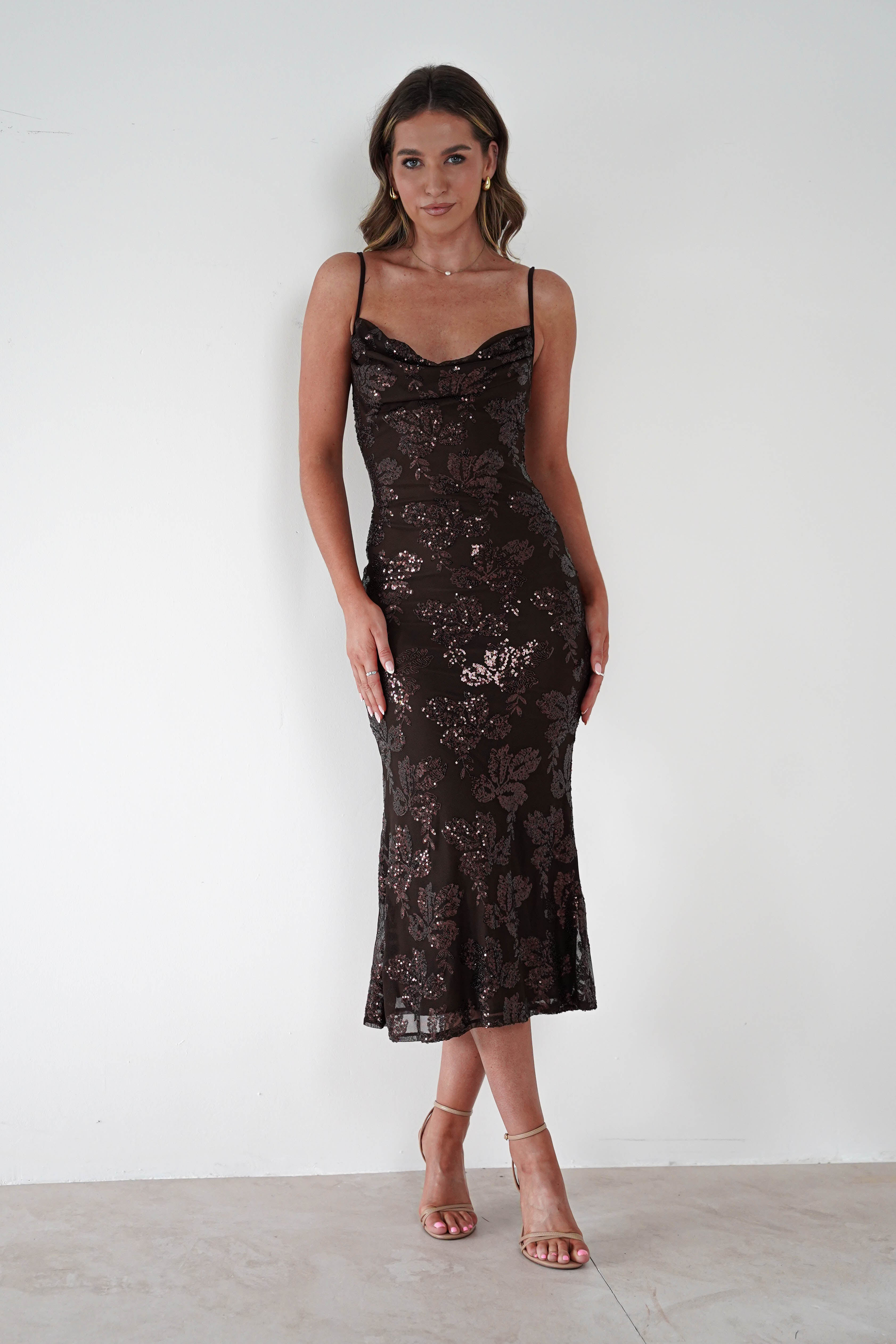 ERICKH Dresses 1*DONE -ERICKH-27104 SEQUIN FLORAL BROWN DRESS
