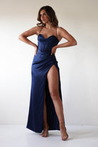 Julianne Corset Satin Gown | Navy - Oh Hello Clothing