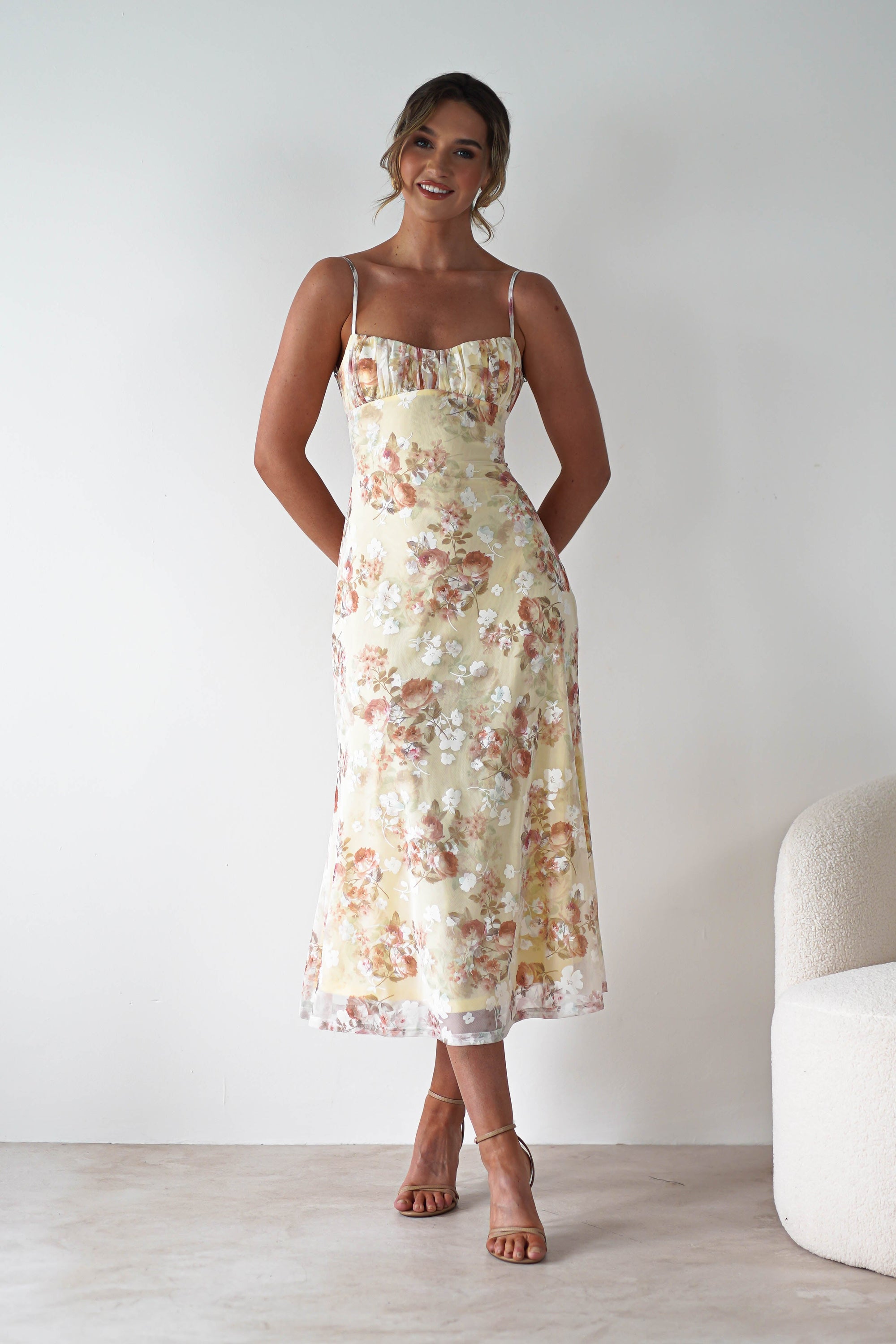 Annabelle Floral Print Midaxi Dress | Yellow | Oh Hello Clothing | XS (6)