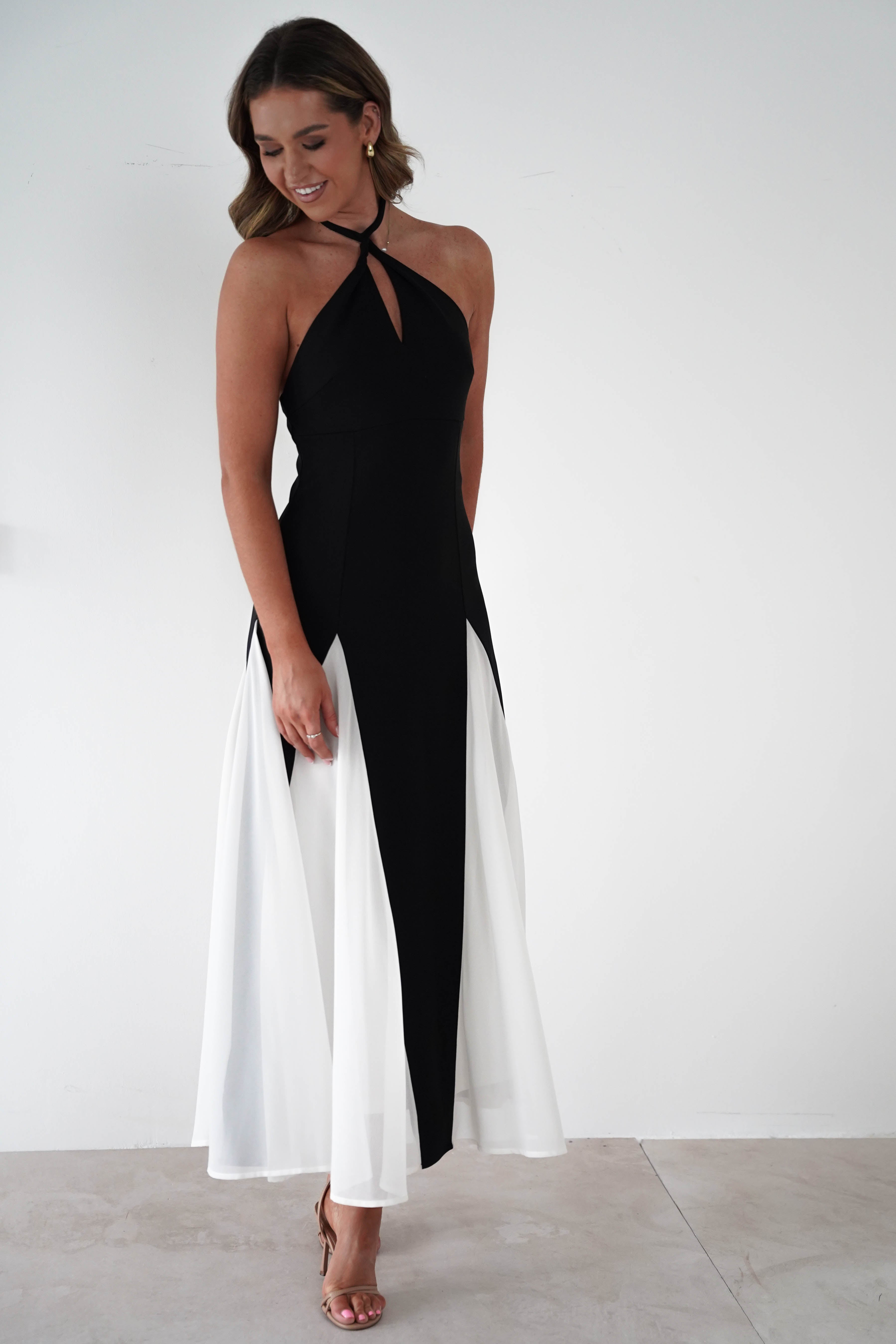 FACTORY Dresses 1*DONE -JY25242-SAMPLE HALTER NECK DESIGN WITH BLACK AND WHITE PANELS