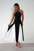 FACTORY Dresses 1*DONE -JY25242-SAMPLE HALTER NECK DESIGN WITH BLACK AND WHITE PANELS