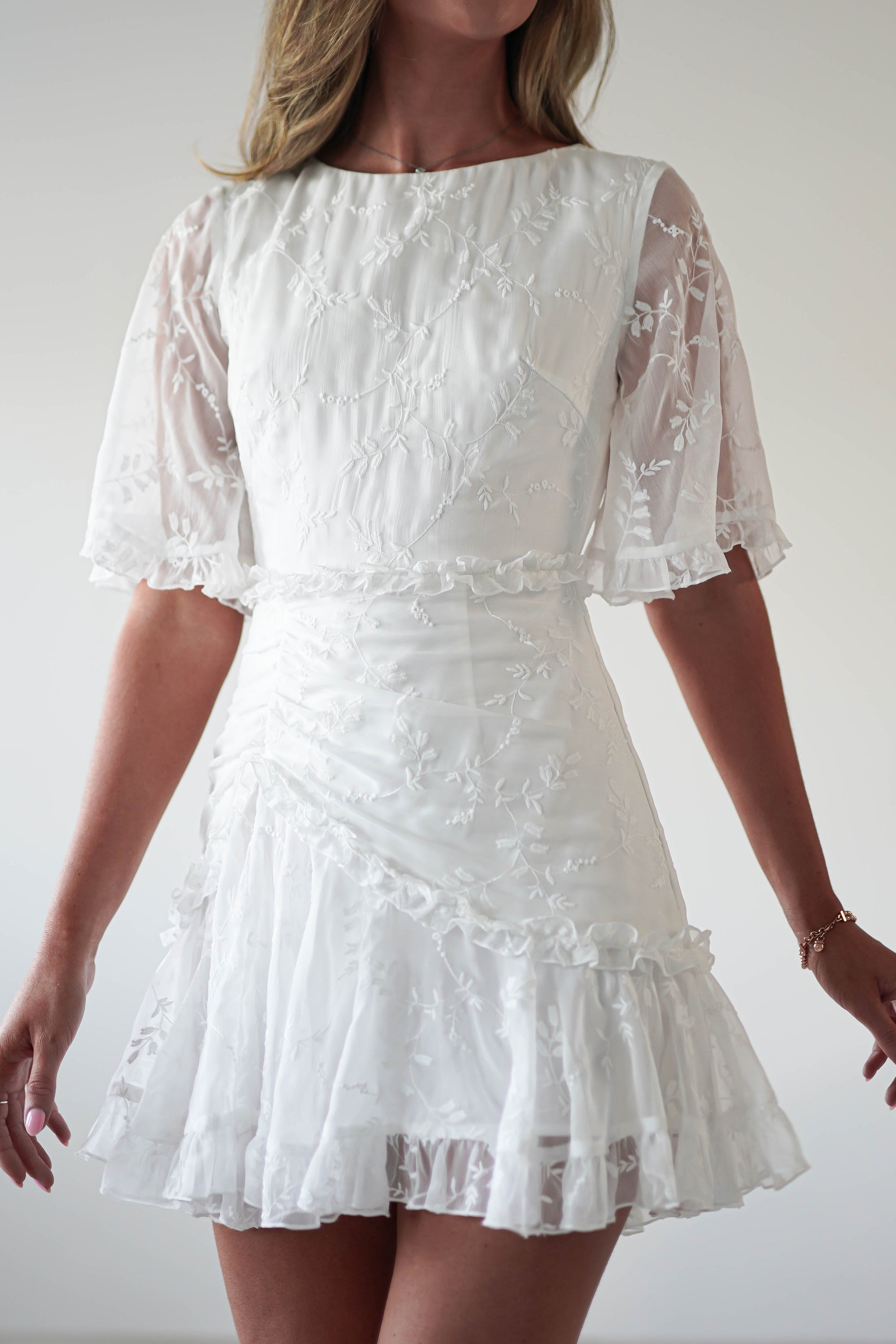 Amélie Boho Lace Detail Mini Dress | White | Oh Hello Clothing | XS (6)