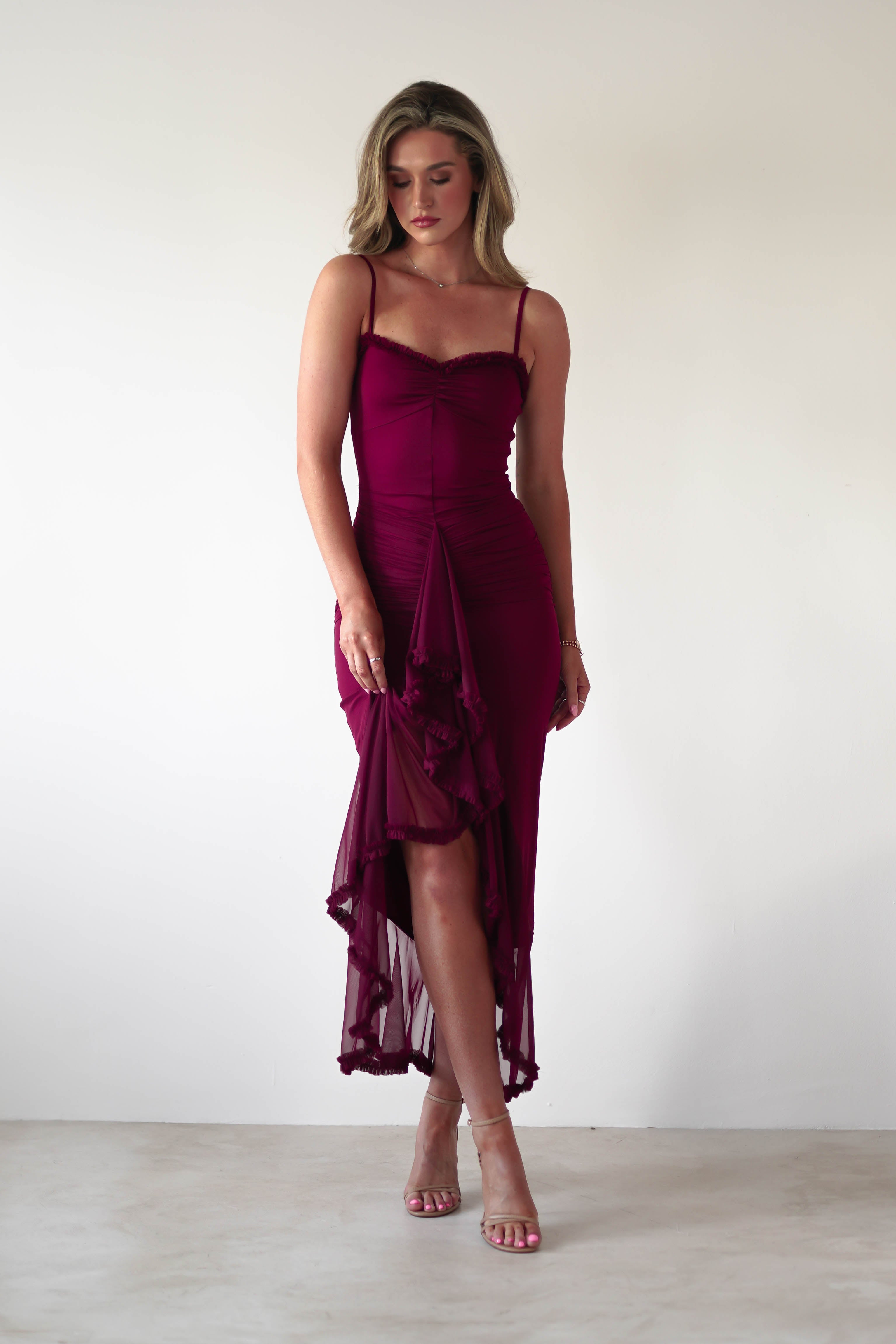 Manuella Mesh Bodycon Midaxi Dress | Burgundy