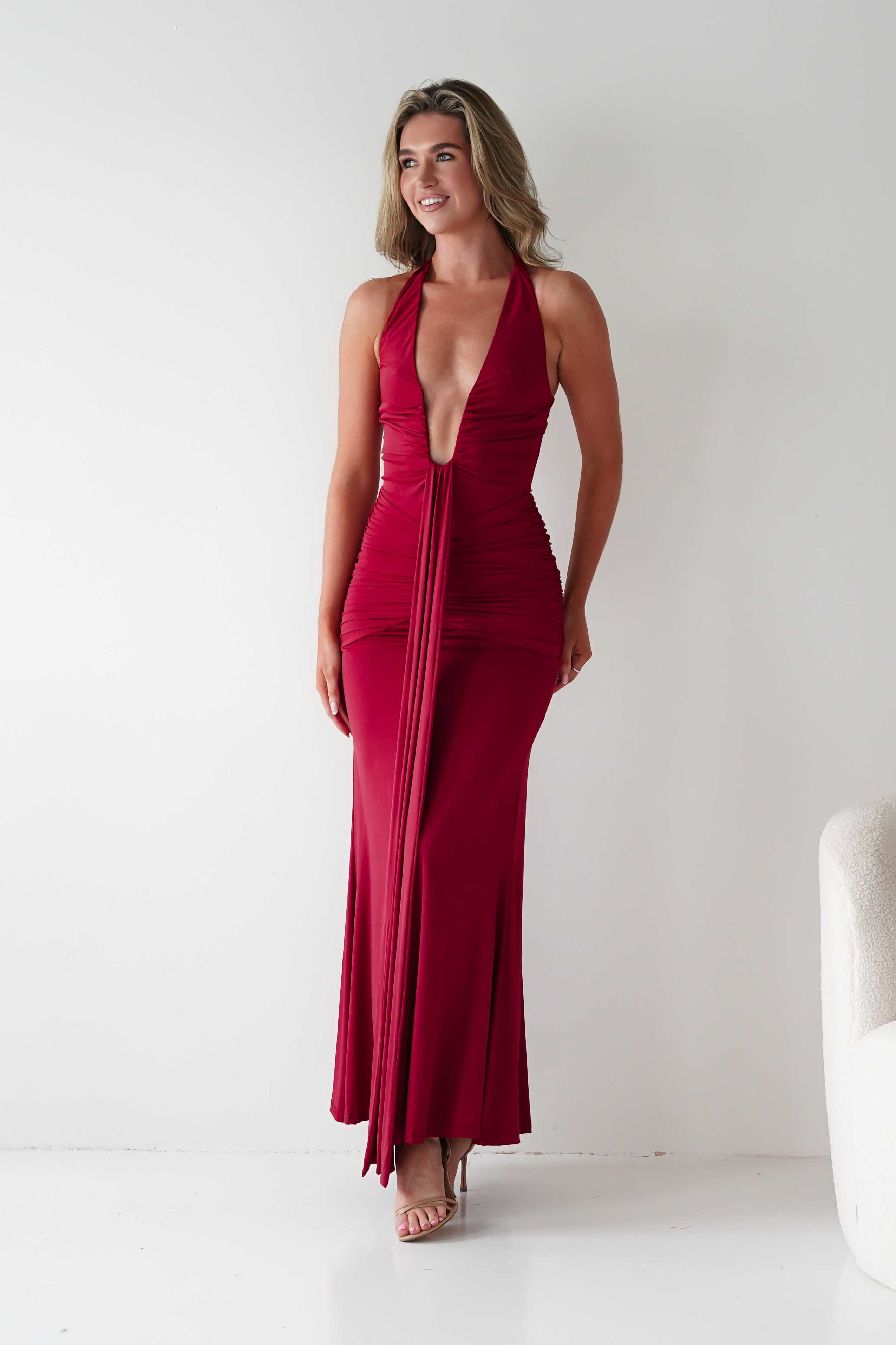 LUXXEL Dresses 1*DONE -LUXXELL-LD12070 RED HALTER NECK DRESS