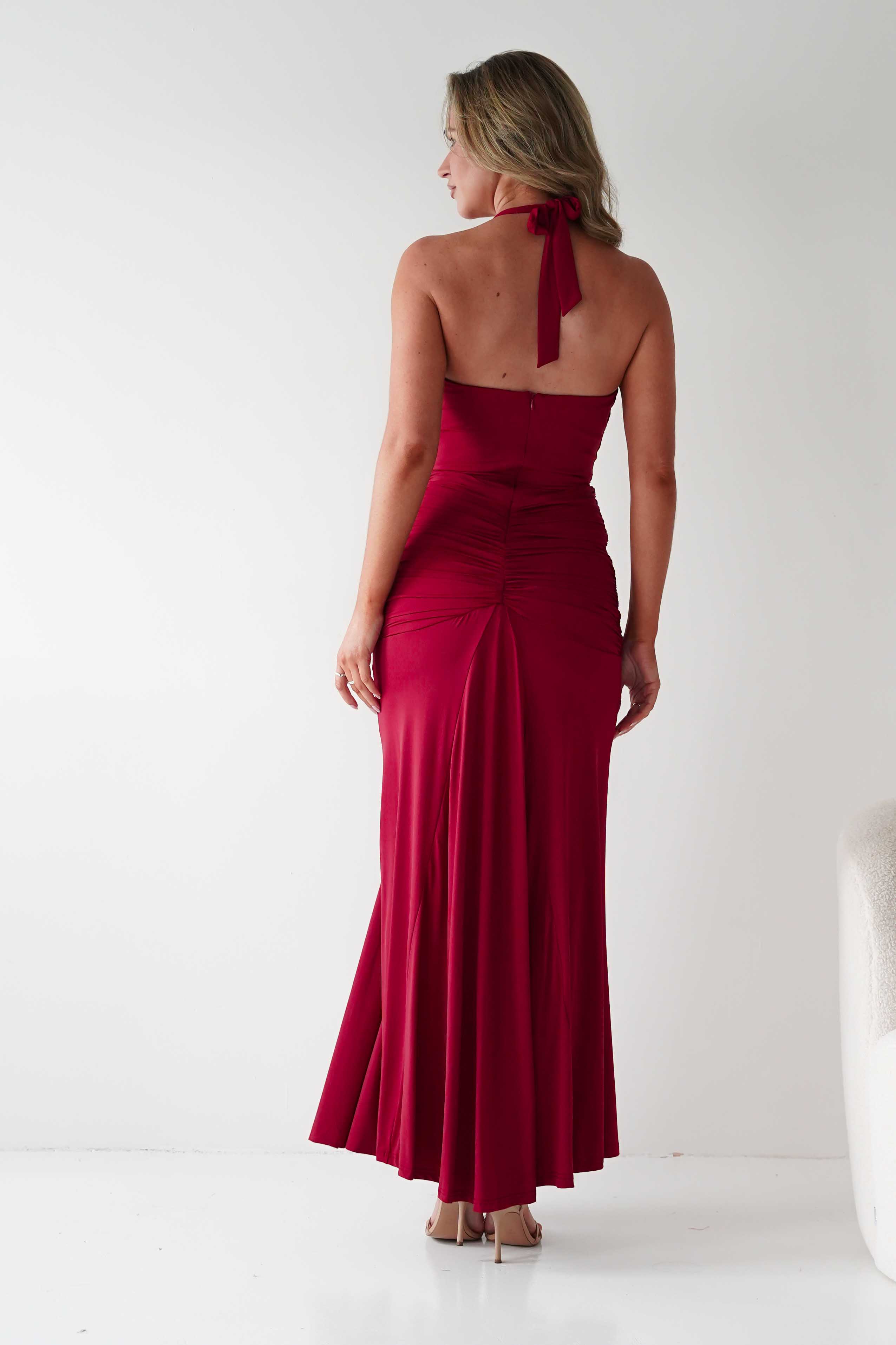 LUXXEL Dresses 1*DONE -LUXXELL-LD12070 RED HALTER NECK DRESS