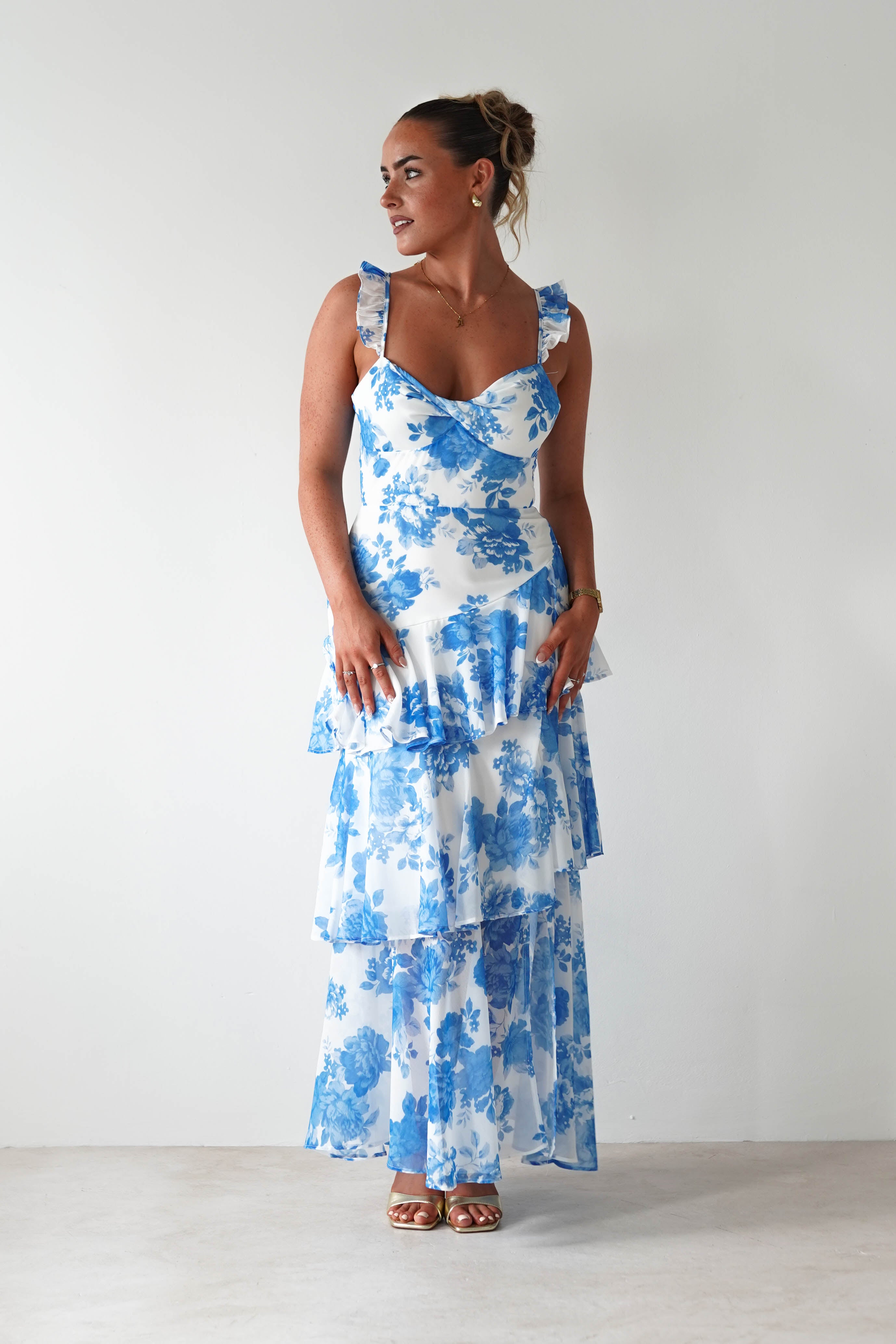 SASHA Wedding Guest Dresses 1 *DONE Madrid Ruffle Floral Maxi Dress | Blue