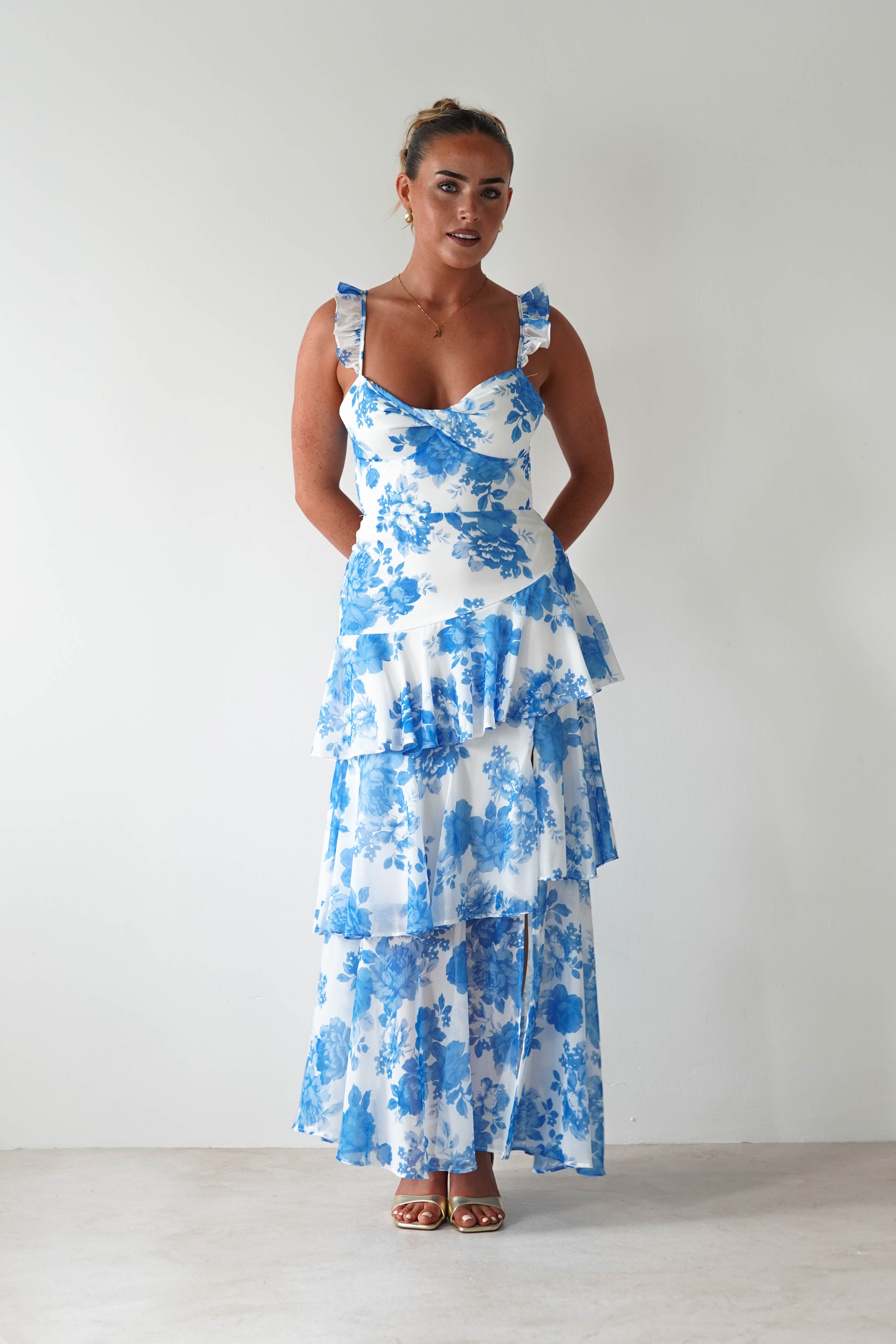 SASHA Wedding Guest Dresses 1 *DONE Madrid Ruffle Floral Maxi Dress | Blue
