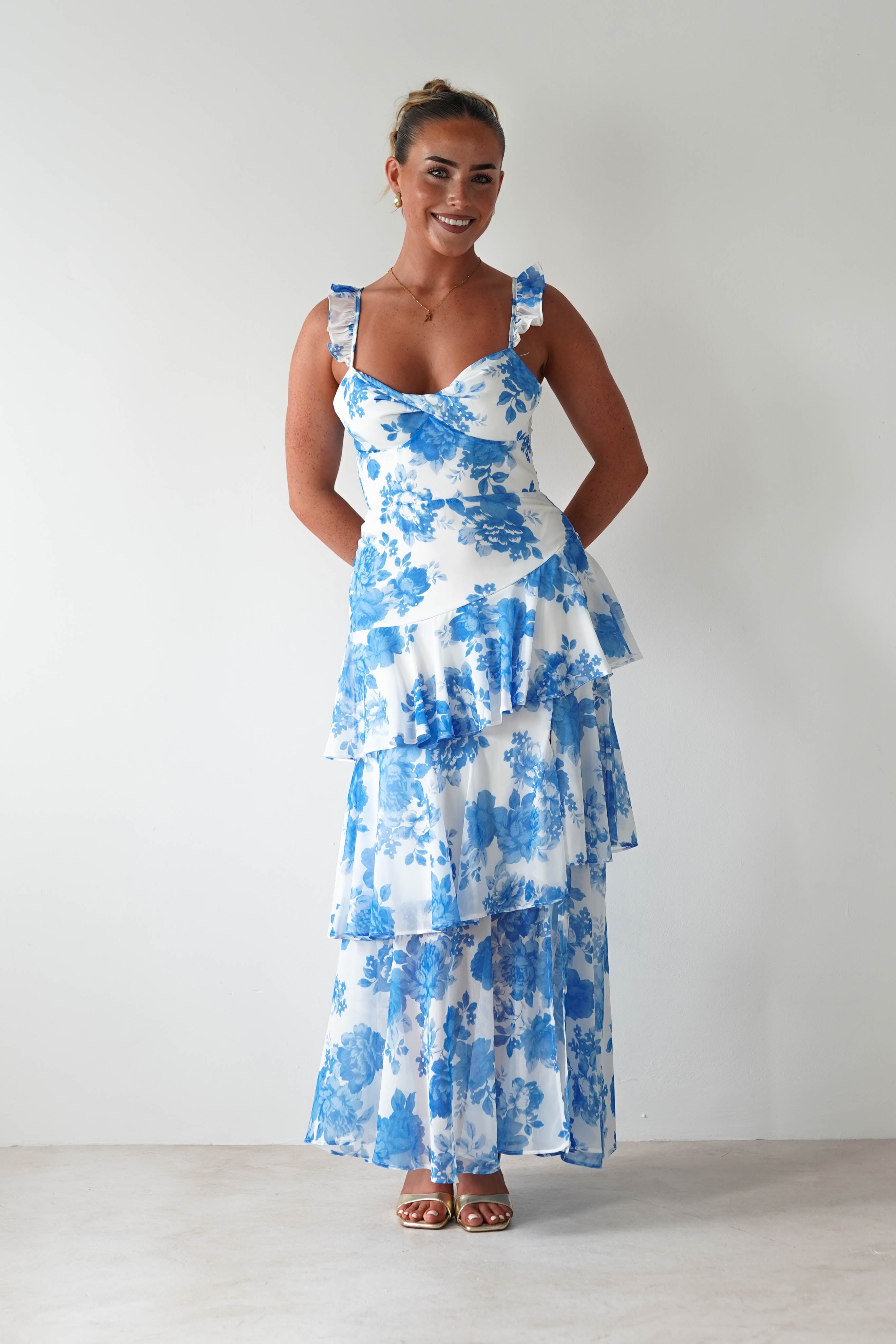 SASHA Wedding Guest Dresses 1 *DONE Madrid Ruffle Floral Maxi Dress | Blue