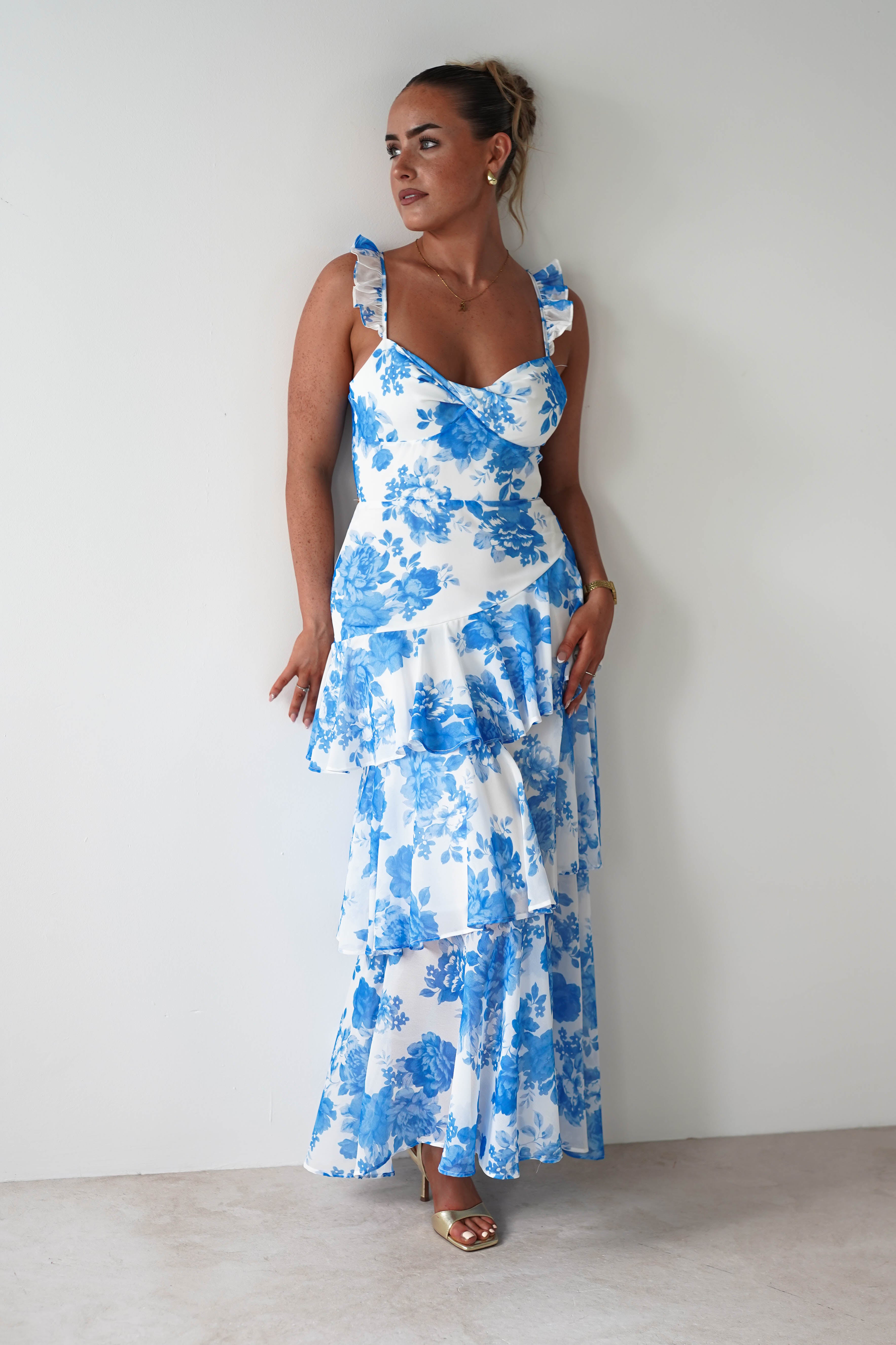 SASHA Wedding Guest Dresses 1 *DONE Madrid Ruffle Floral Maxi Dress | Blue