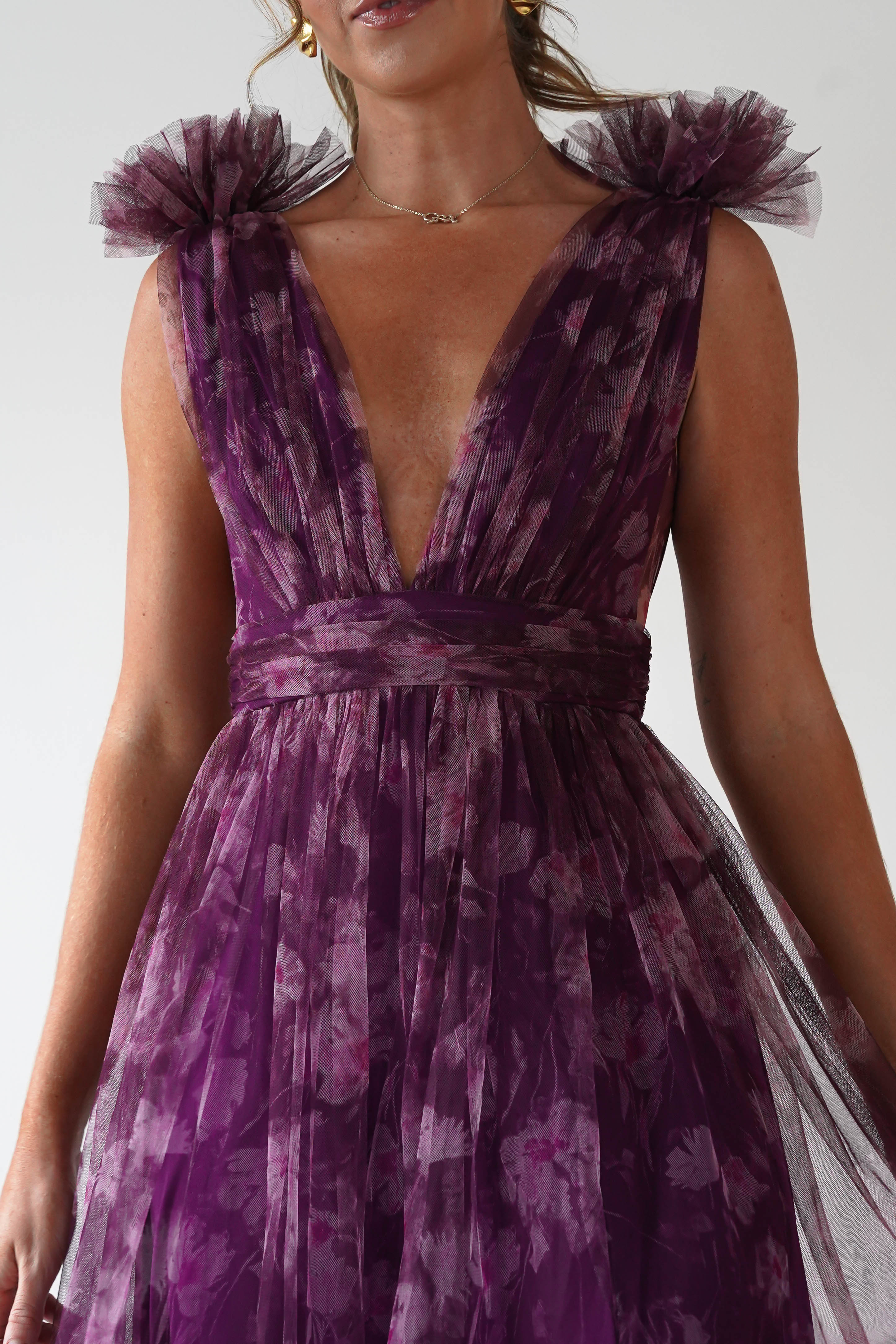 MANIJU Dresses 1*DONE -MANIJU-LM1010-PLUM MULTI TULLE DRESS WITH DRAMATIC SHOULDERS