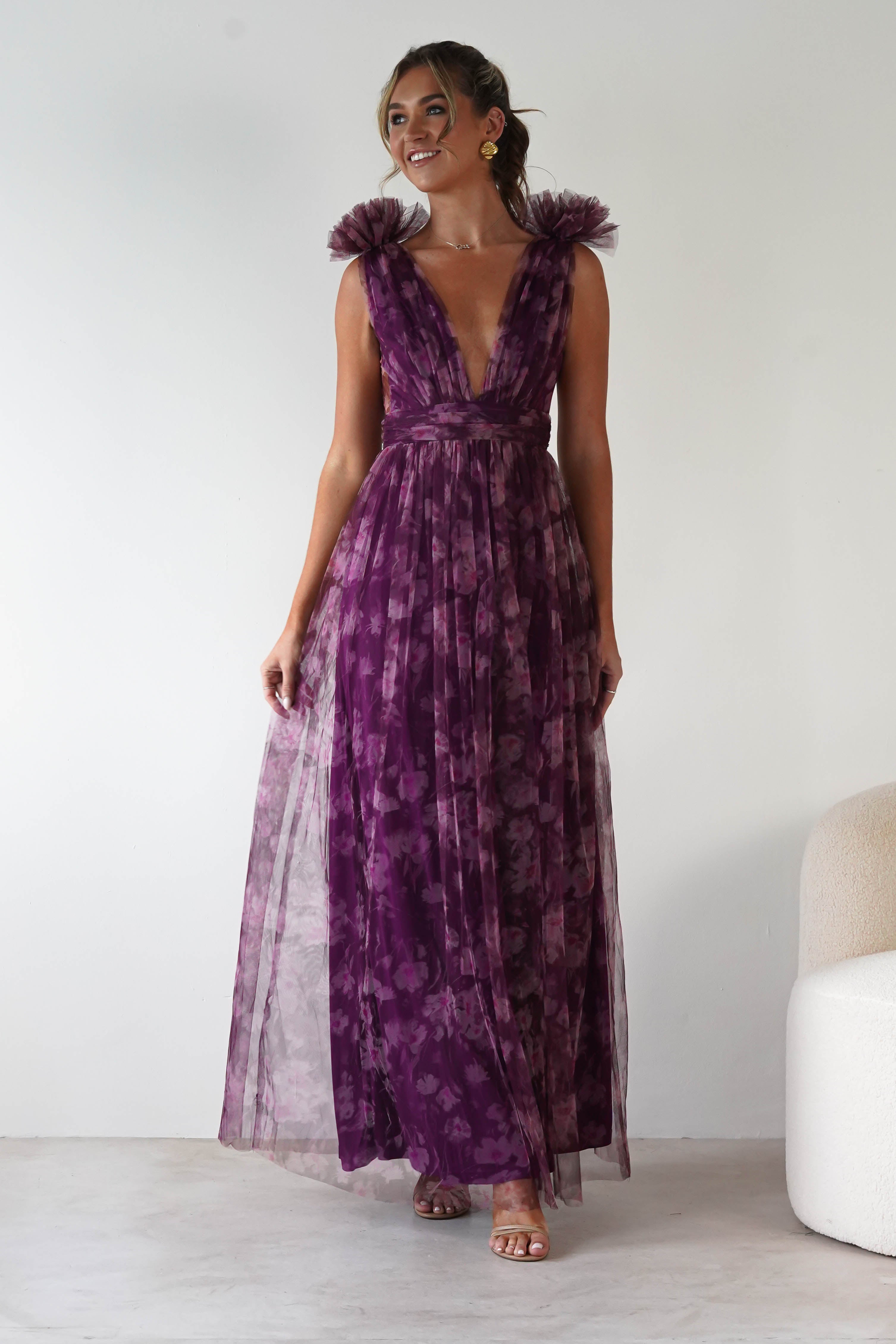 MANIJU Dresses 1*DONE -MANIJU-LM1010-PLUM MULTI TULLE DRESS WITH DRAMATIC SHOULDERS