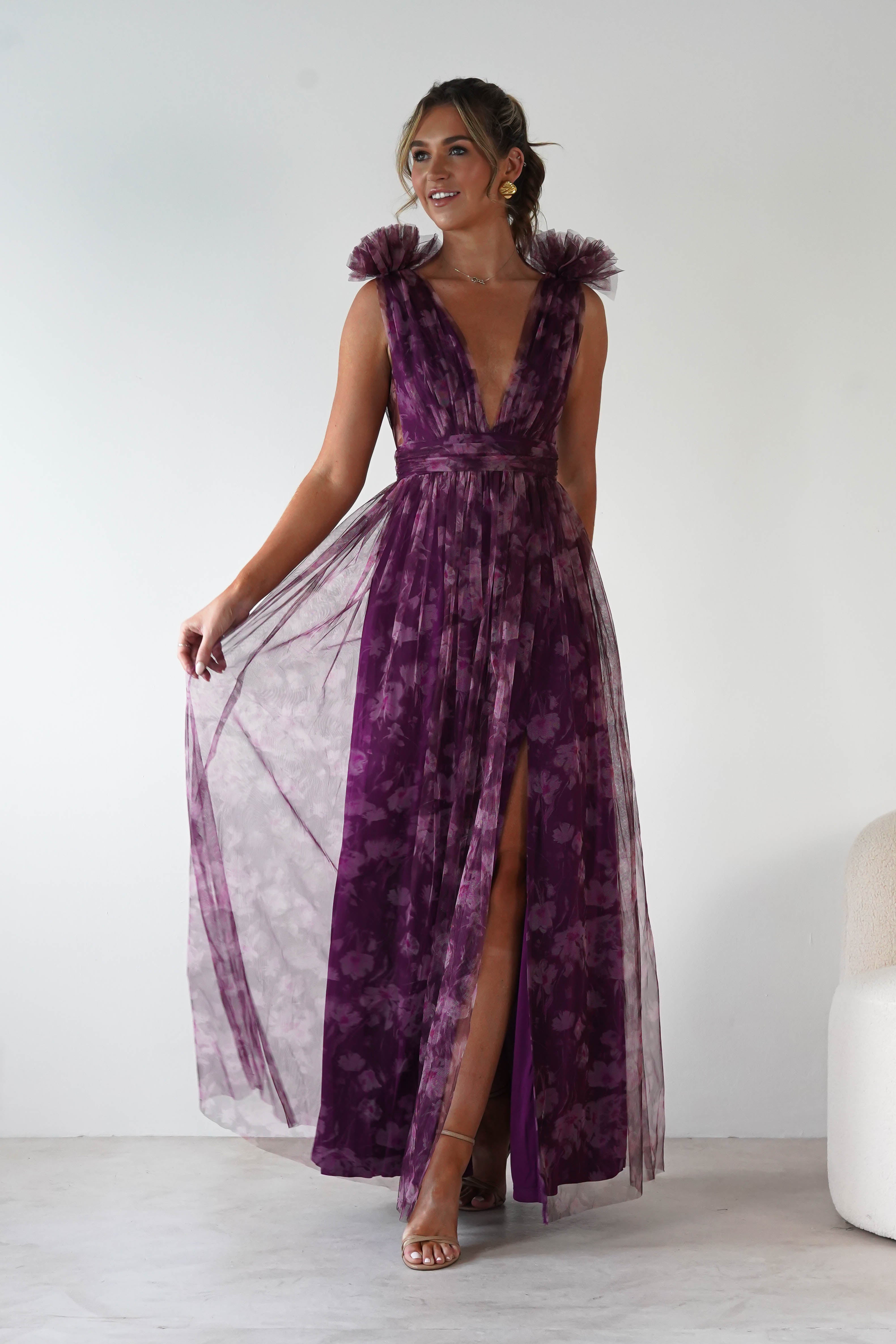 MANIJU Dresses 1*DONE -MANIJU-LM1010-PLUM MULTI TULLE DRESS WITH DRAMATIC SHOULDERS
