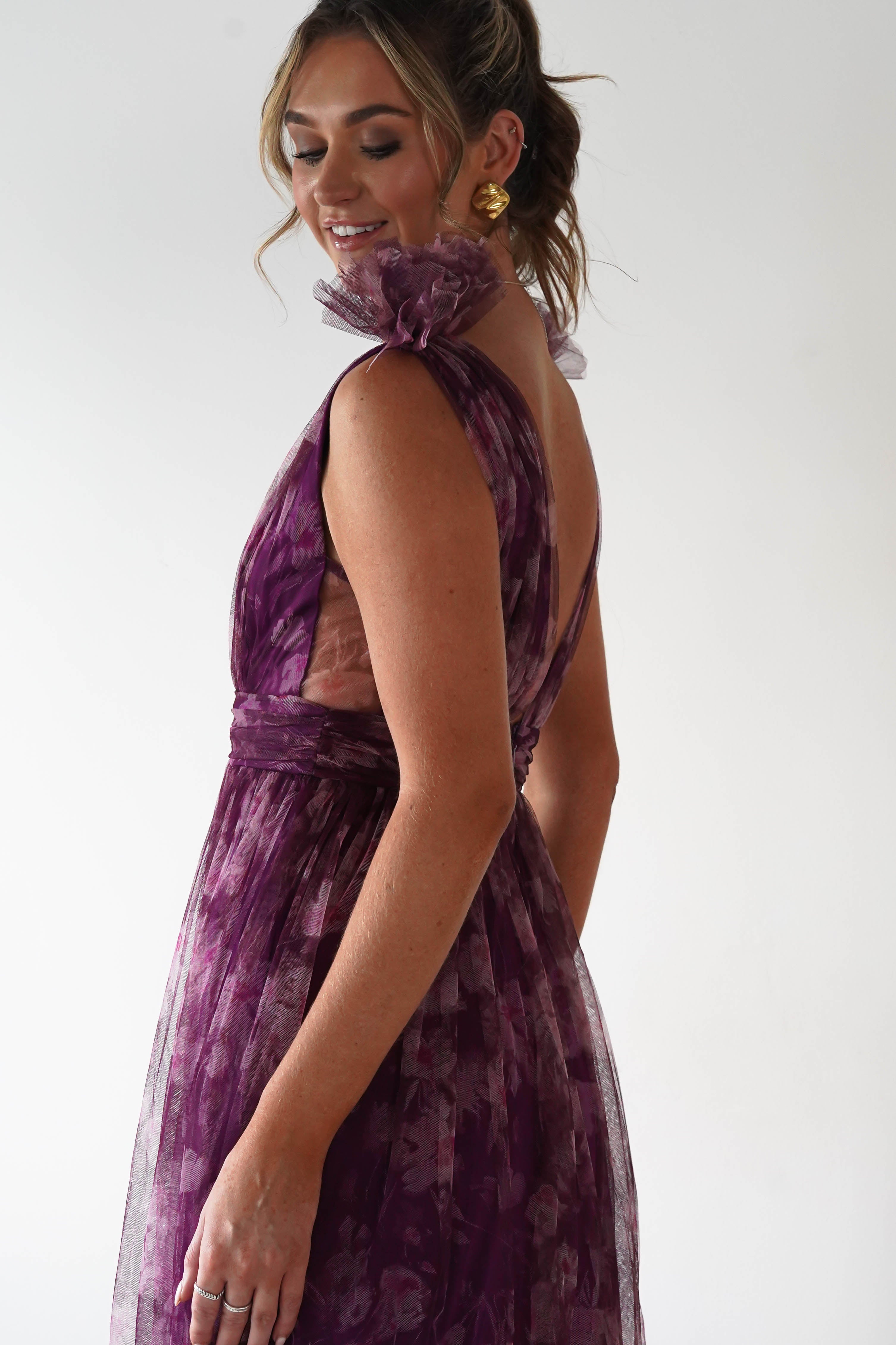 MANIJU Dresses 1*DONE -MANIJU-LM1010-PLUM MULTI TULLE DRESS WITH DRAMATIC SHOULDERS