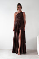 MANIJU Dresses 1*DONE - MANIJU- MF22257R-PLEATED DRESS IN BROWN WITH DRAPED SASH