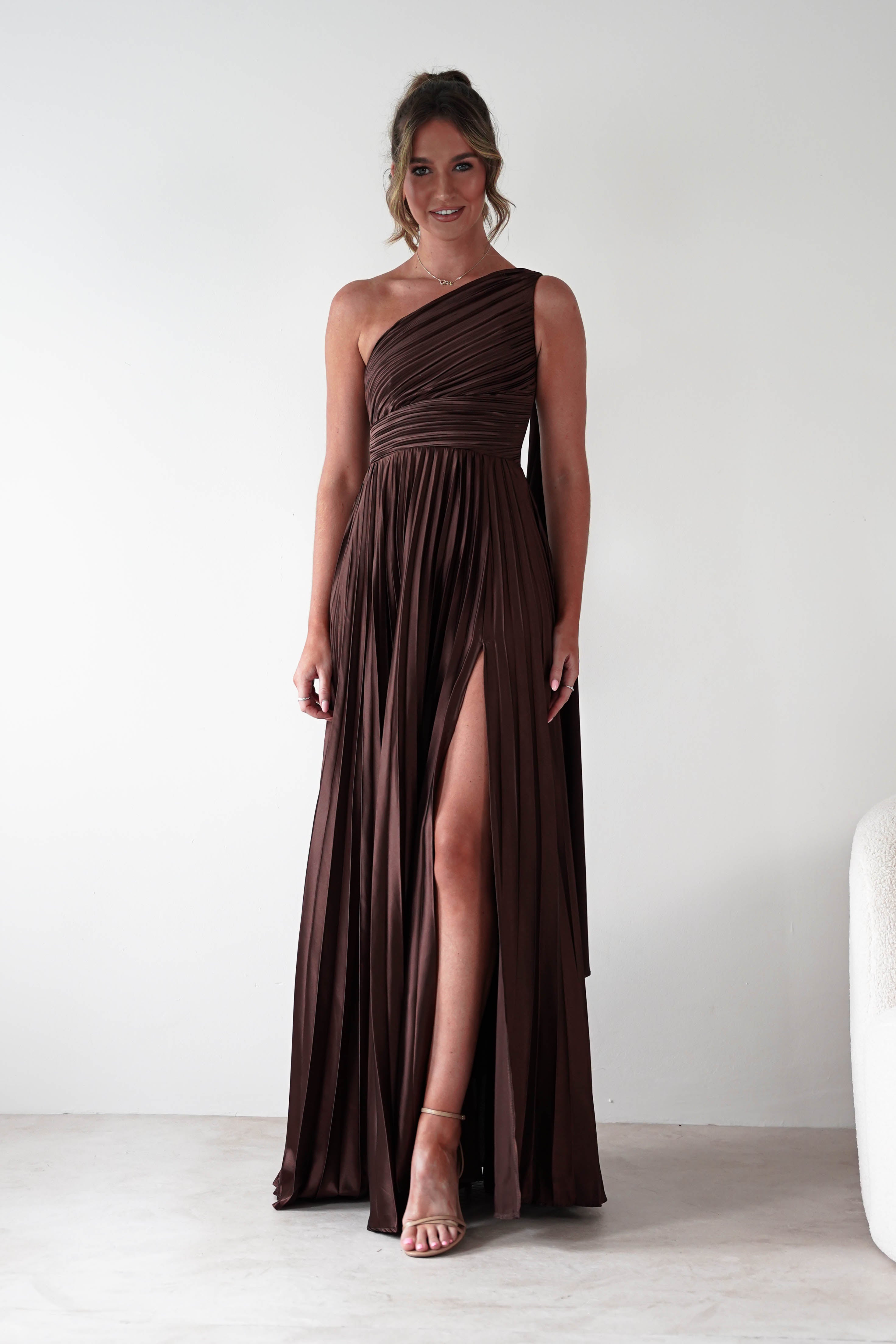 MANIJU Dresses 1*DONE - MANIJU- MF22257R-PLEATED DRESS IN BROWN WITH DRAPED SASH