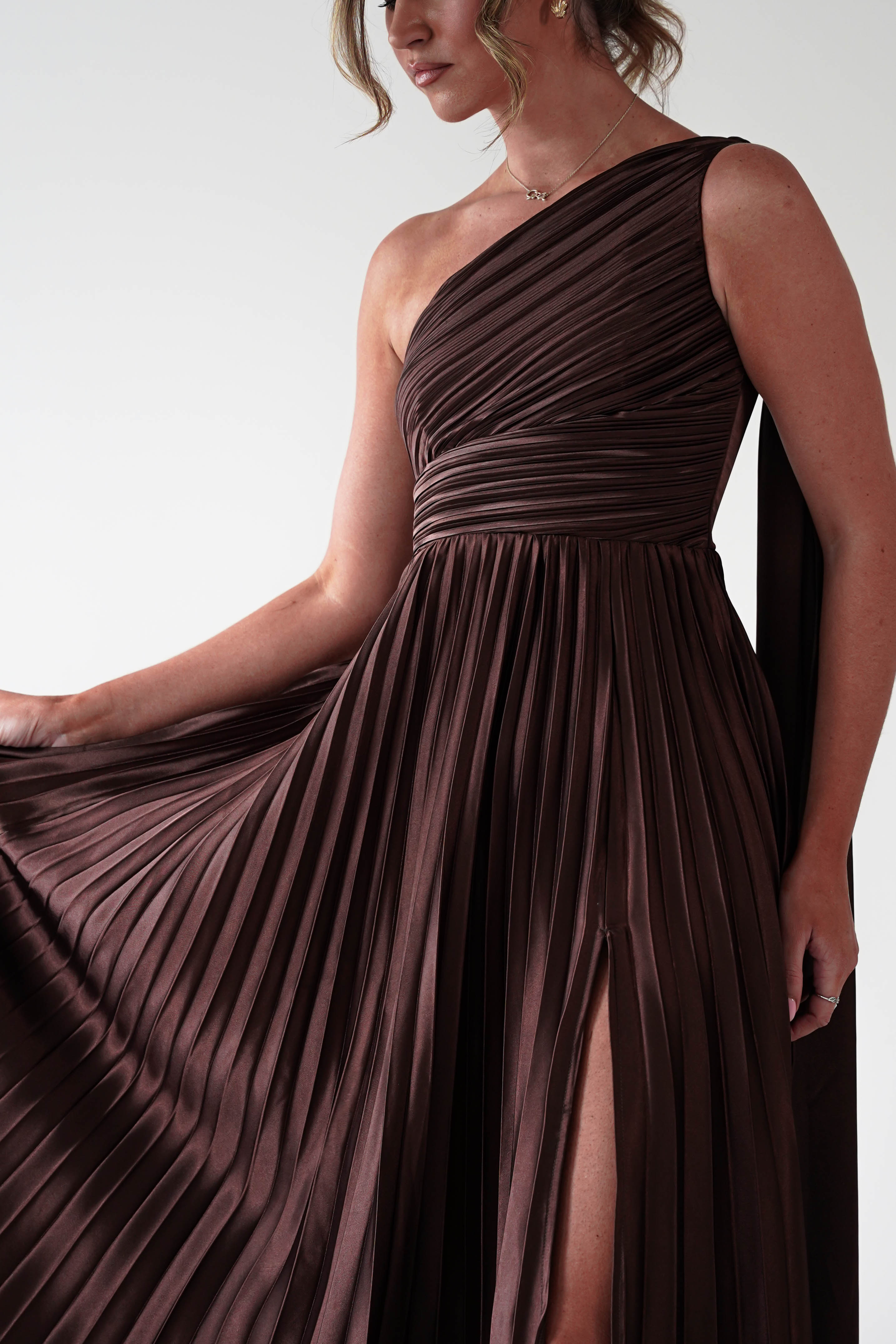 MANIJU Dresses 1*DONE - MANIJU- MF22257R-PLEATED DRESS IN BROWN WITH DRAPED SASH