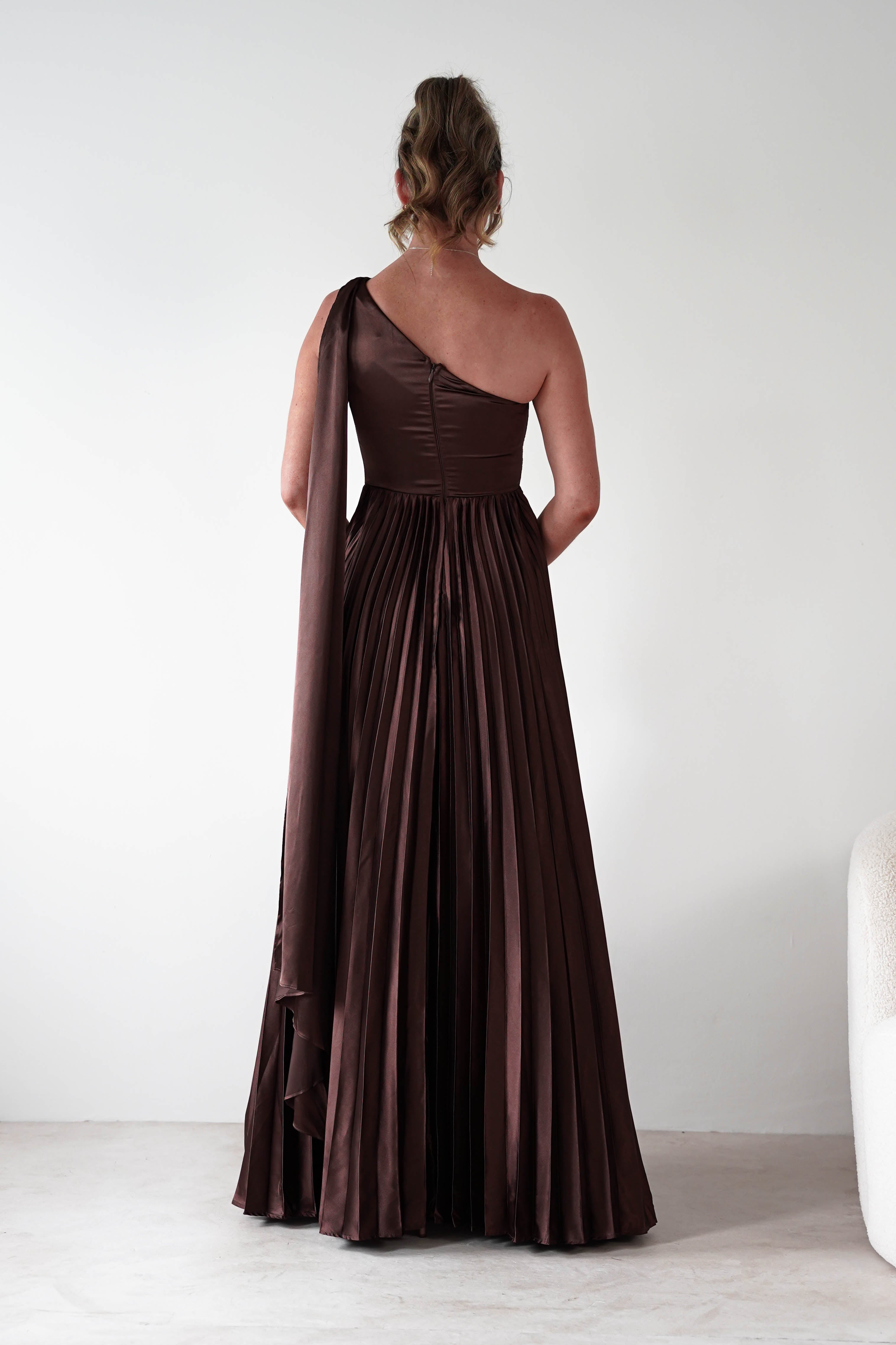 MANIJU Dresses 1*DONE - MANIJU- MF22257R-PLEATED DRESS IN BROWN WITH DRAPED SASH