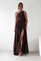MANIJU Dresses 1*DONE - MANIJU- MF22257R-PLEATED DRESS IN BROWN WITH DRAPED SASH
