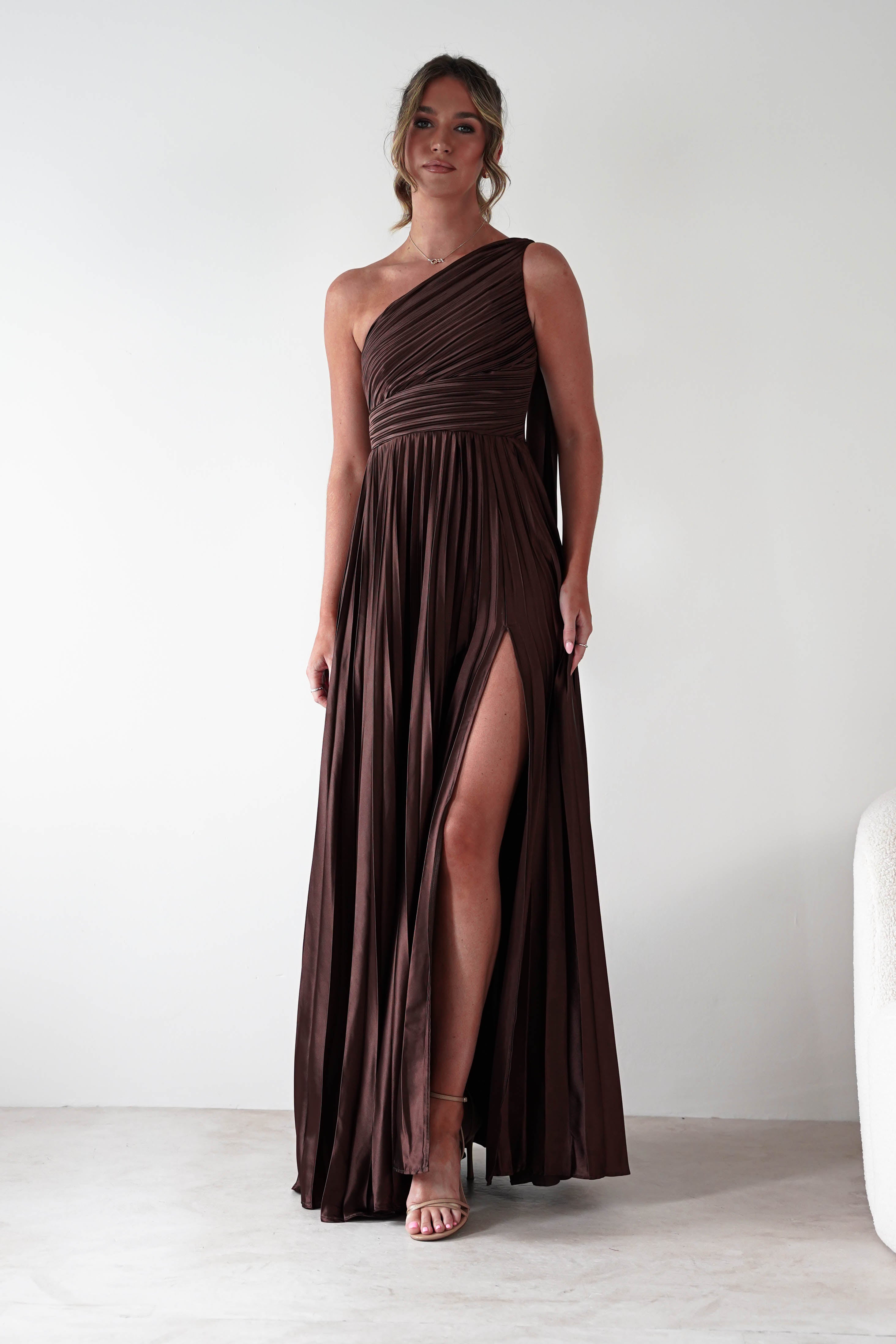 MANIJU Dresses 1*DONE - MANIJU- MF22257R-PLEATED DRESS IN BROWN WITH DRAPED SASH